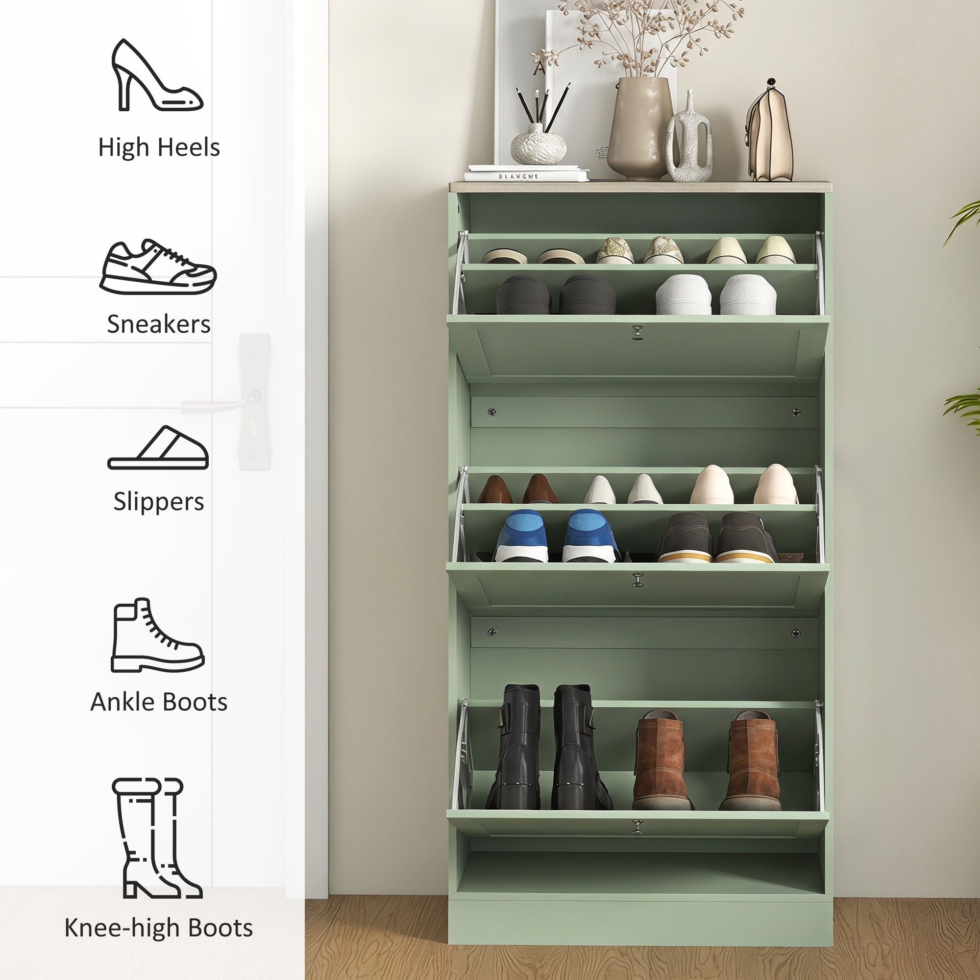 HOMCOM Shoe Storage Cabinet with 3 Flip Drawers, Green - product view 6