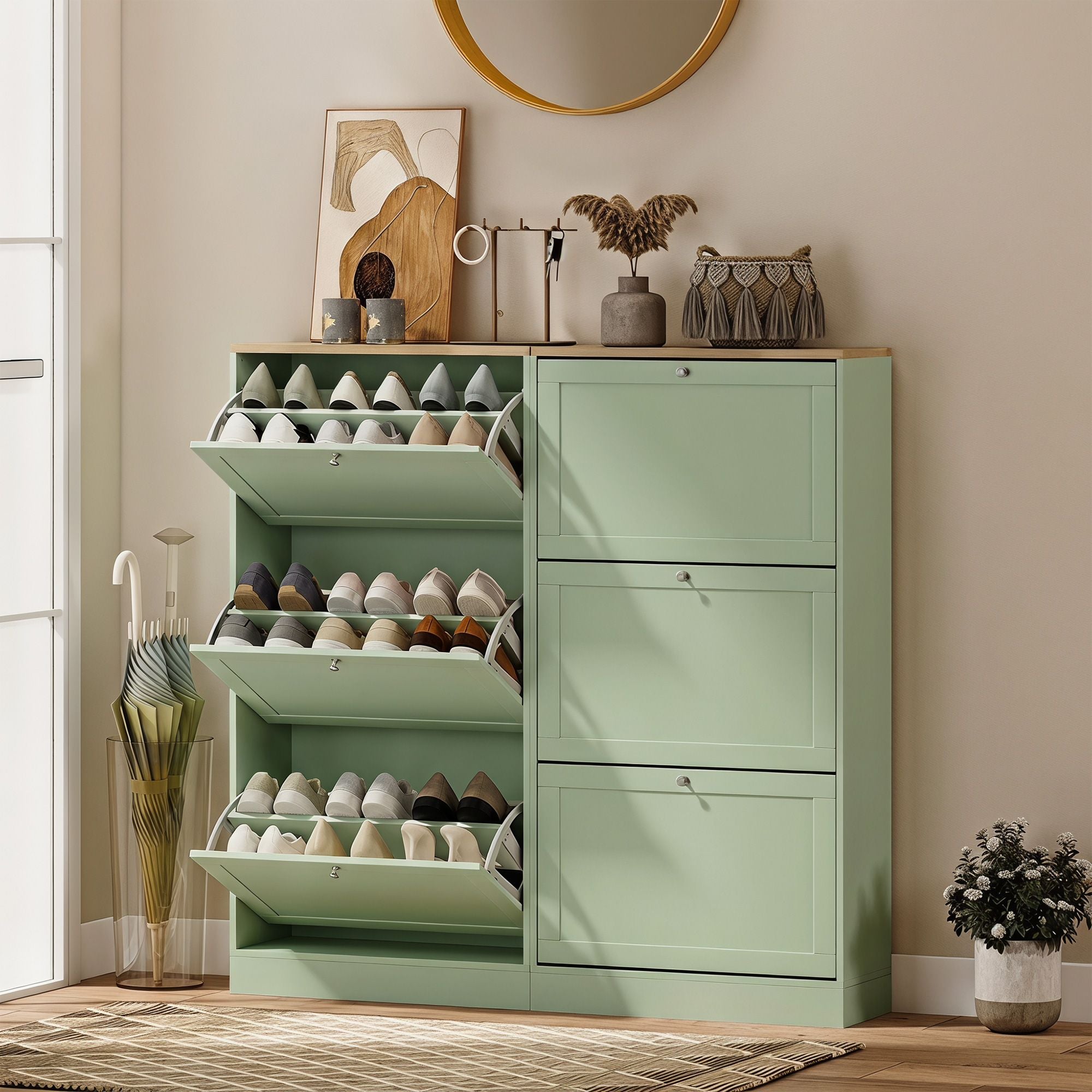 HOMCOM Shoe Storage Cabinet with 3 Flip Drawers, Green - product view 8