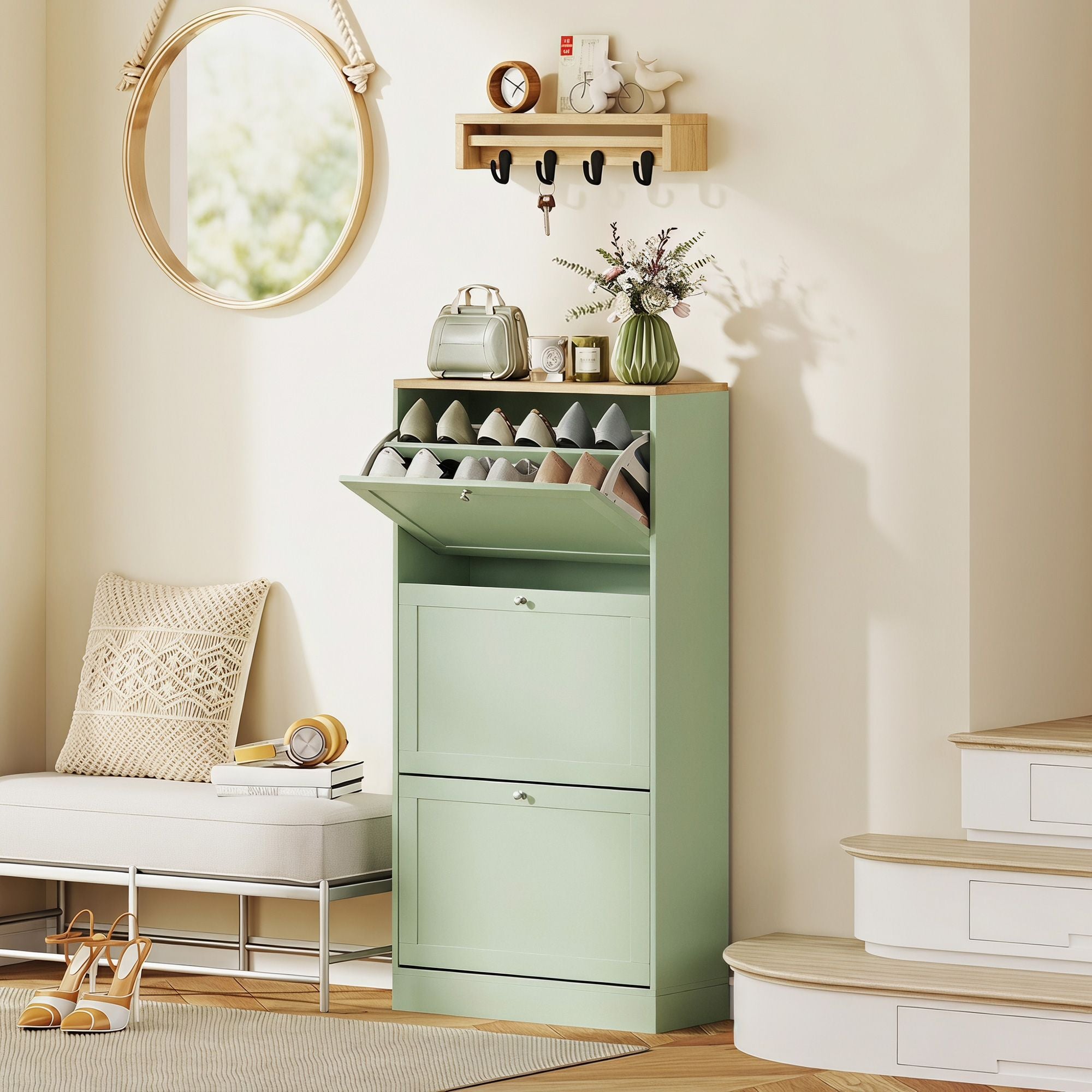 HOMCOM Shoe Storage Cabinet with 3 Flip Drawers, Green - product view 2