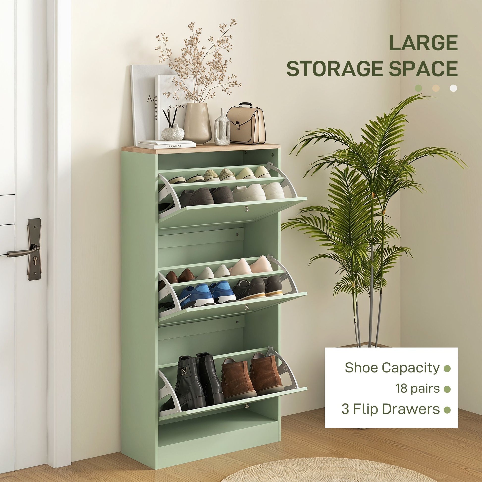 HOMCOM Shoe Storage Cabinet with 3 Flip Drawers, Green - product view 4