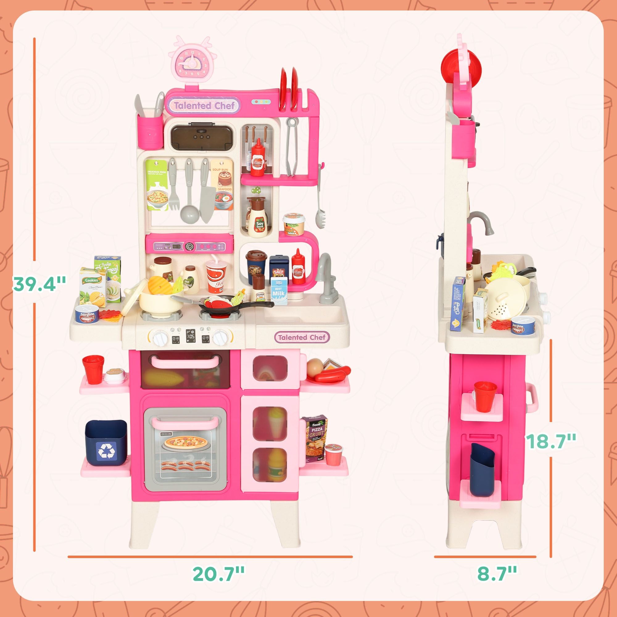 Qaba Pretend Play Kitchen Set with Lights, Sounds and 104 Accessories, Pink - product view 3