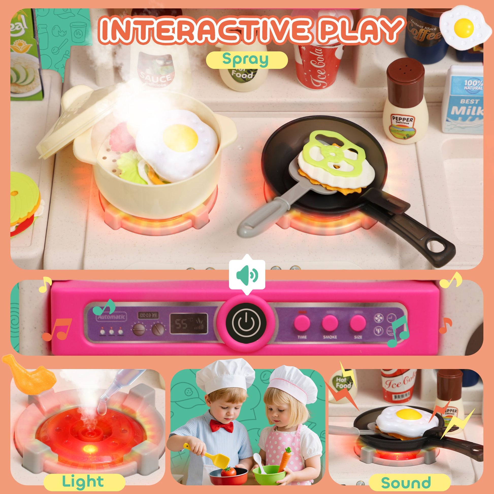 Qaba Pretend Play Kitchen Set with Lights, Sounds and 104 Accessories, Pink - product view 4
