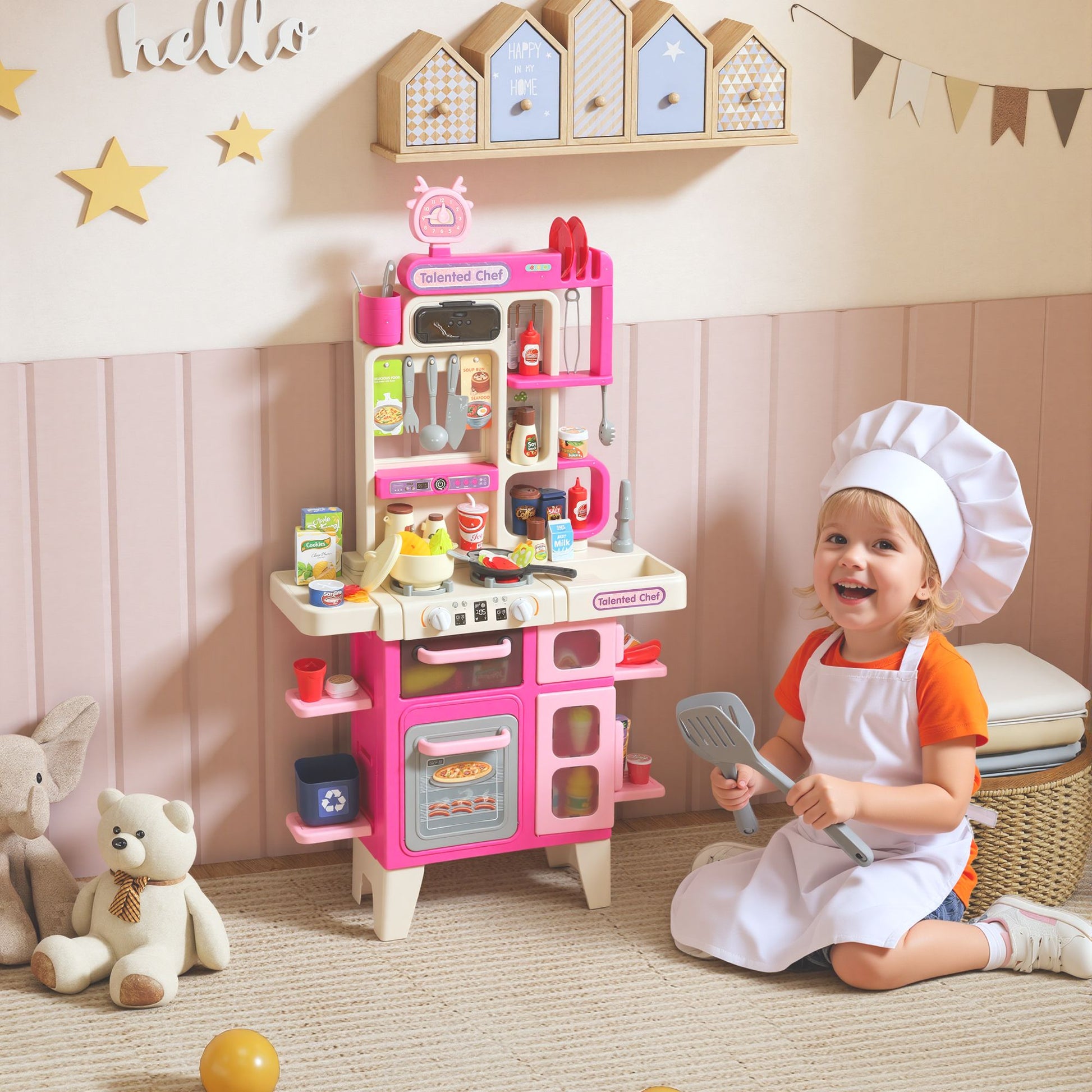 Qaba Pretend Play Kitchen Set with Lights, Sounds and 104 Accessories, Pink - product view 2