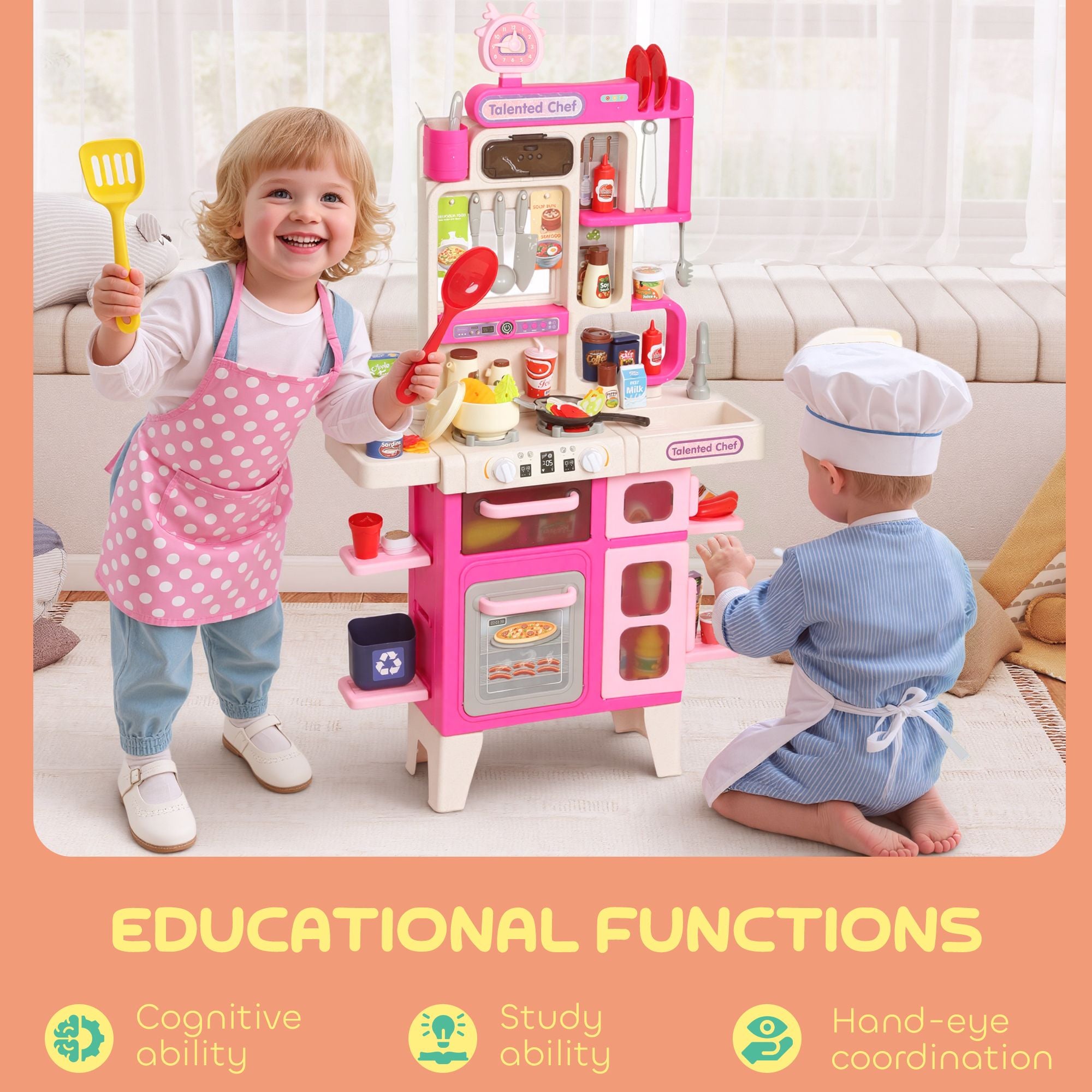 Qaba Pretend Play Kitchen Set with Lights, Sounds and 104 Accessories, Pink - product view 8