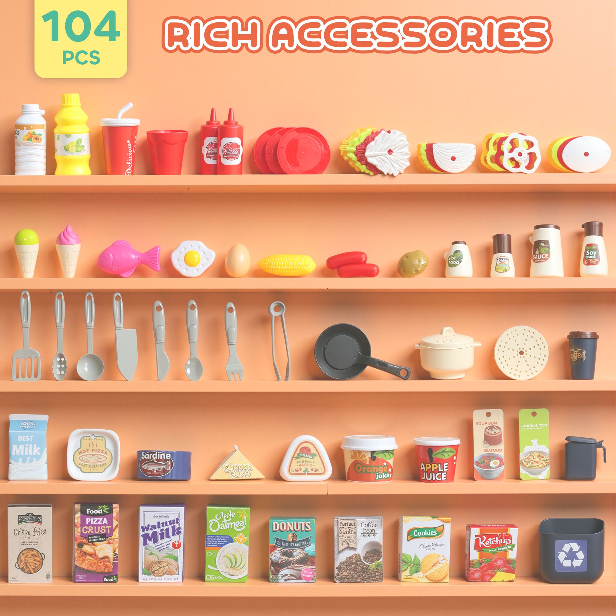 Qaba Pretend Play Kitchen Set with Lights, Sounds and 104 Accessories, Pink - product view 7