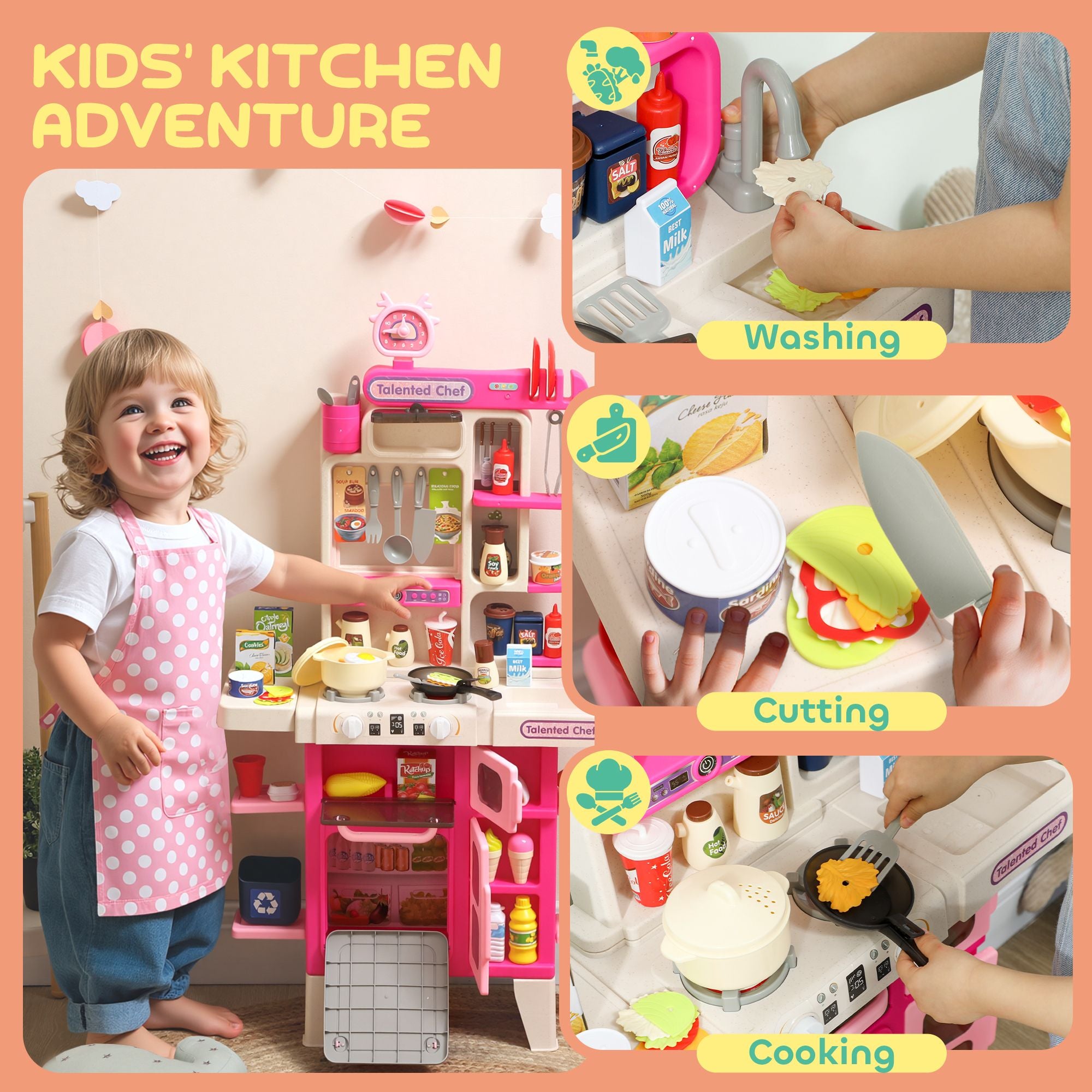Qaba Pretend Play Kitchen Set with Lights, Sounds and 104 Accessories, Pink - product view 6