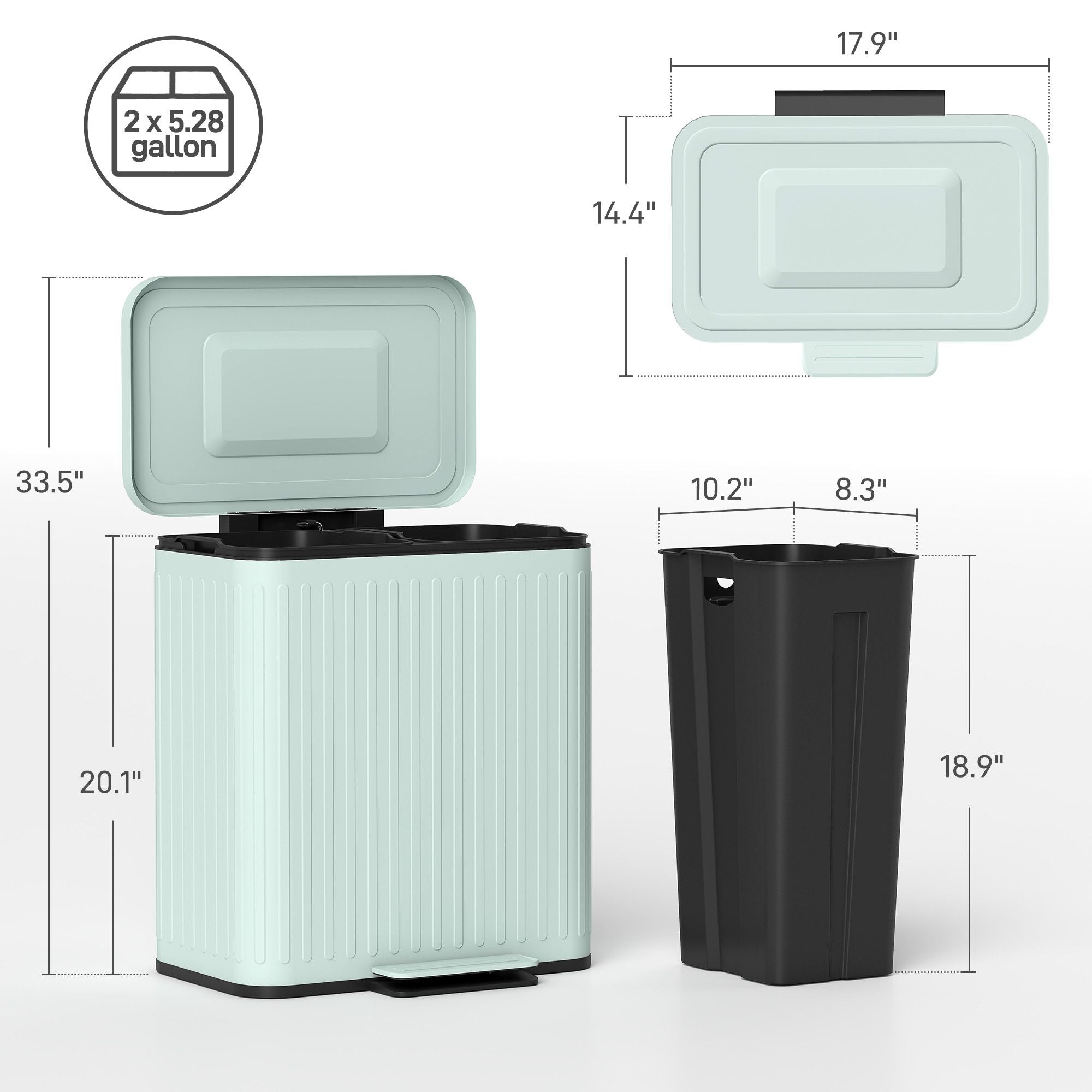 HOMCOM 2-Compartment Step-On Kitchen Trash Can, Light Green - product view 3
