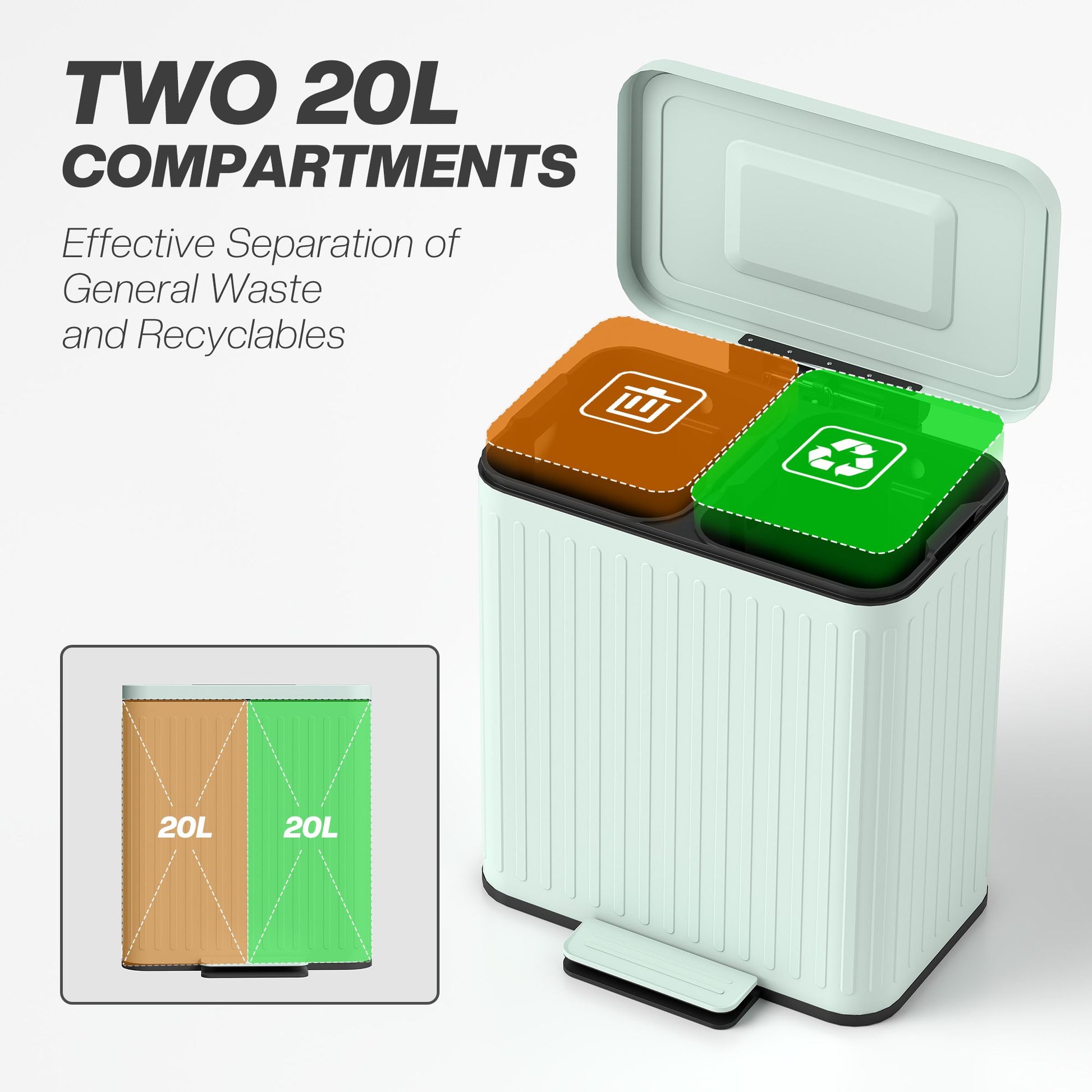 HOMCOM 2-Compartment Step-On Kitchen Trash Can, Light Green - product view 4