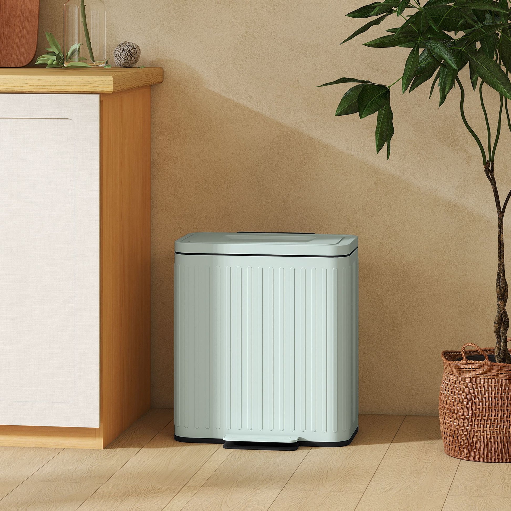 HOMCOM 2-Compartment Step-On Kitchen Trash Can, Light Green - product view 8