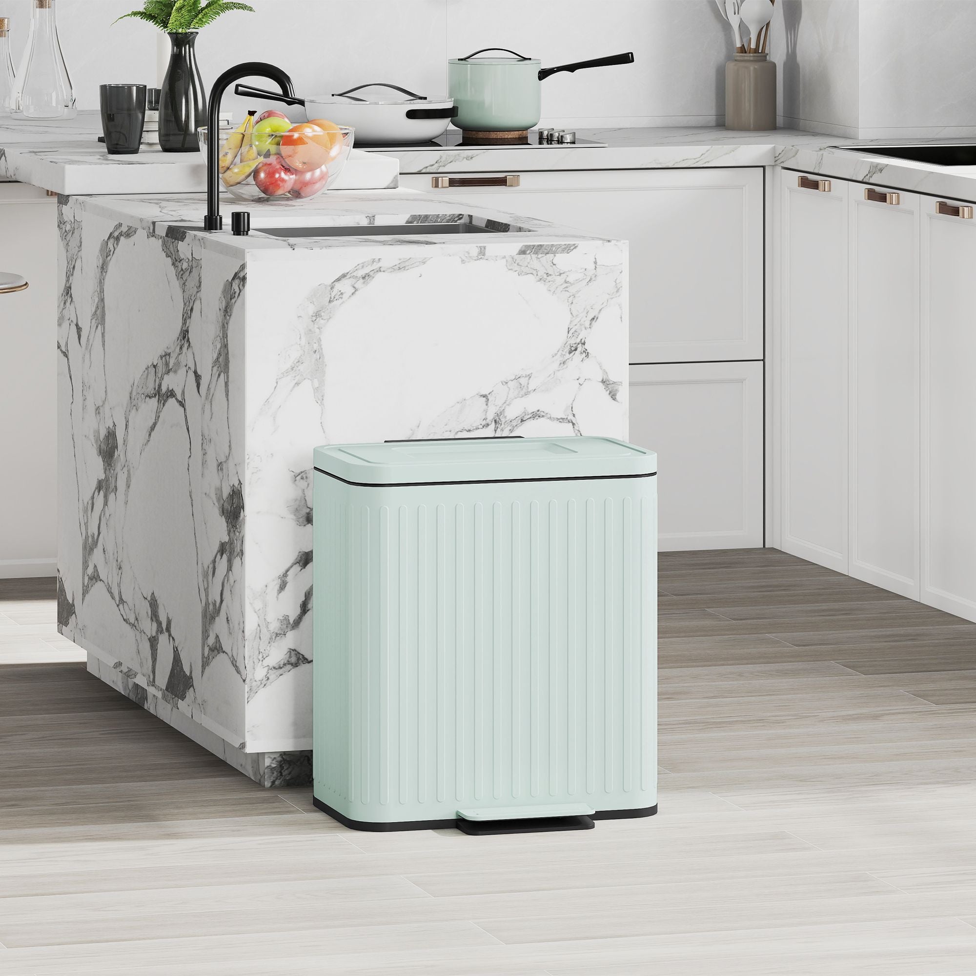 HOMCOM 2-Compartment Step-On Kitchen Trash Can, Light Green - product view 2