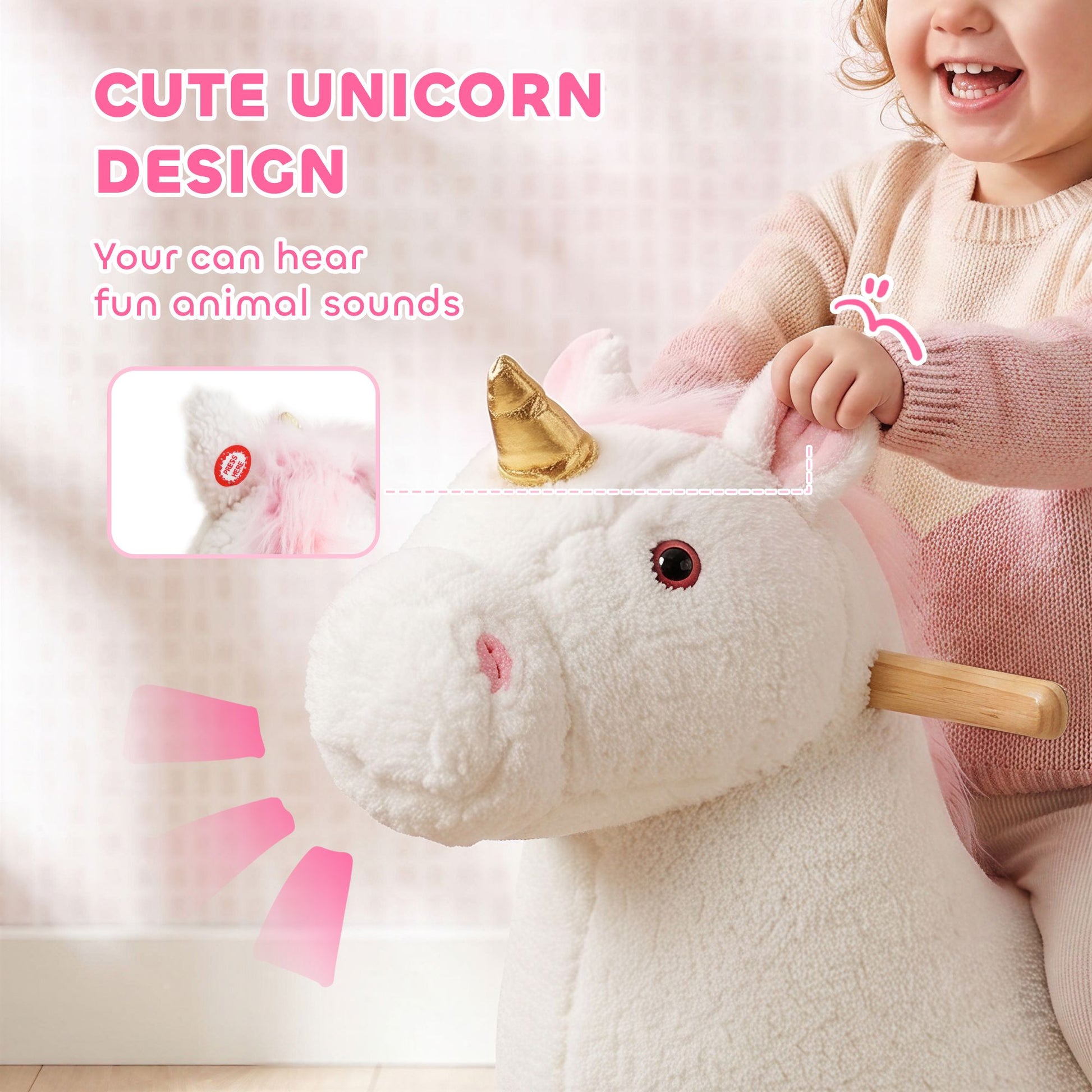 Qaba Unicorn Rocking Horse with Sound and Safety Belt, White - product view 4