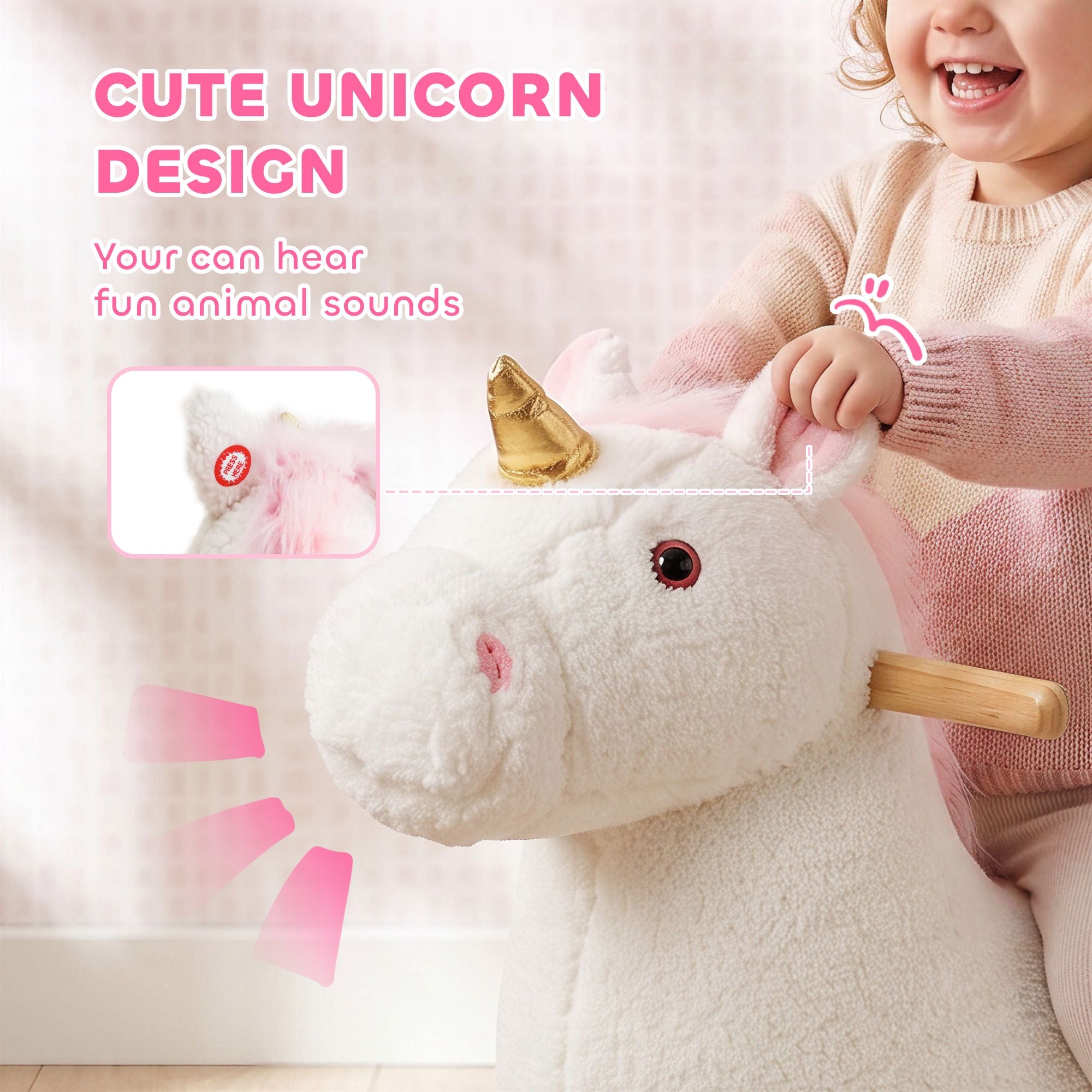 Qaba Unicorn Rocking Horse with Sound and Safety Belt, White - product view 4