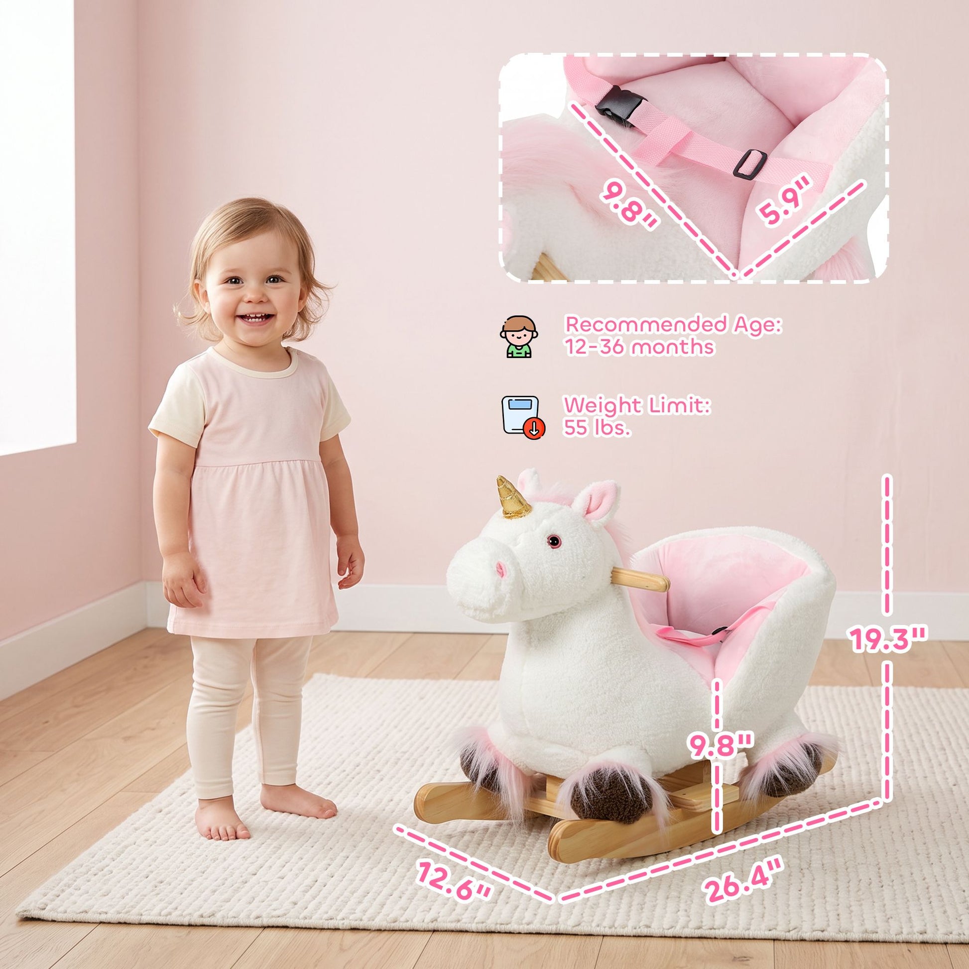 Qaba Unicorn Rocking Horse with Sound and Safety Belt, White - product view 3