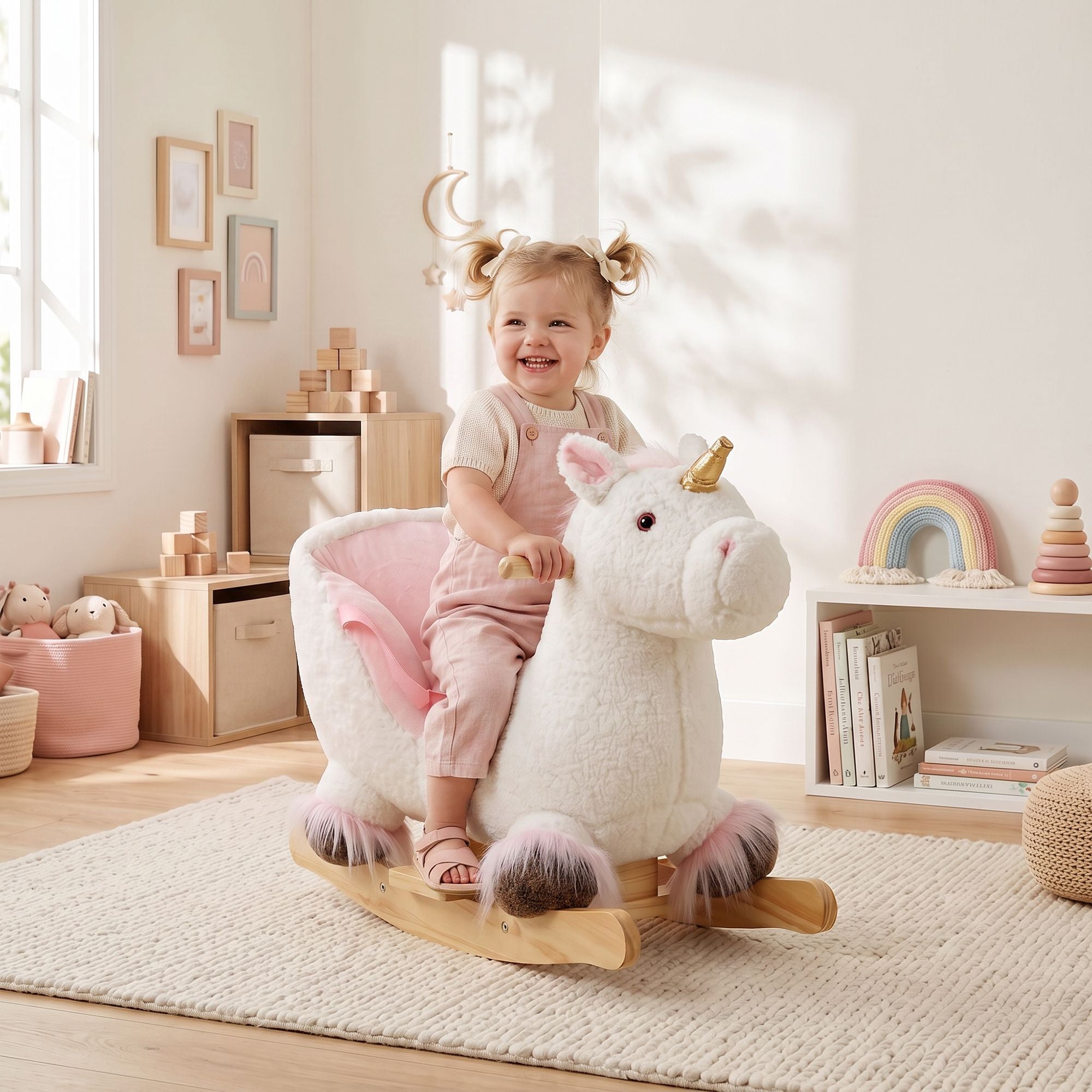 Qaba Unicorn Rocking Horse with Sound and Safety Belt, White - product view 2