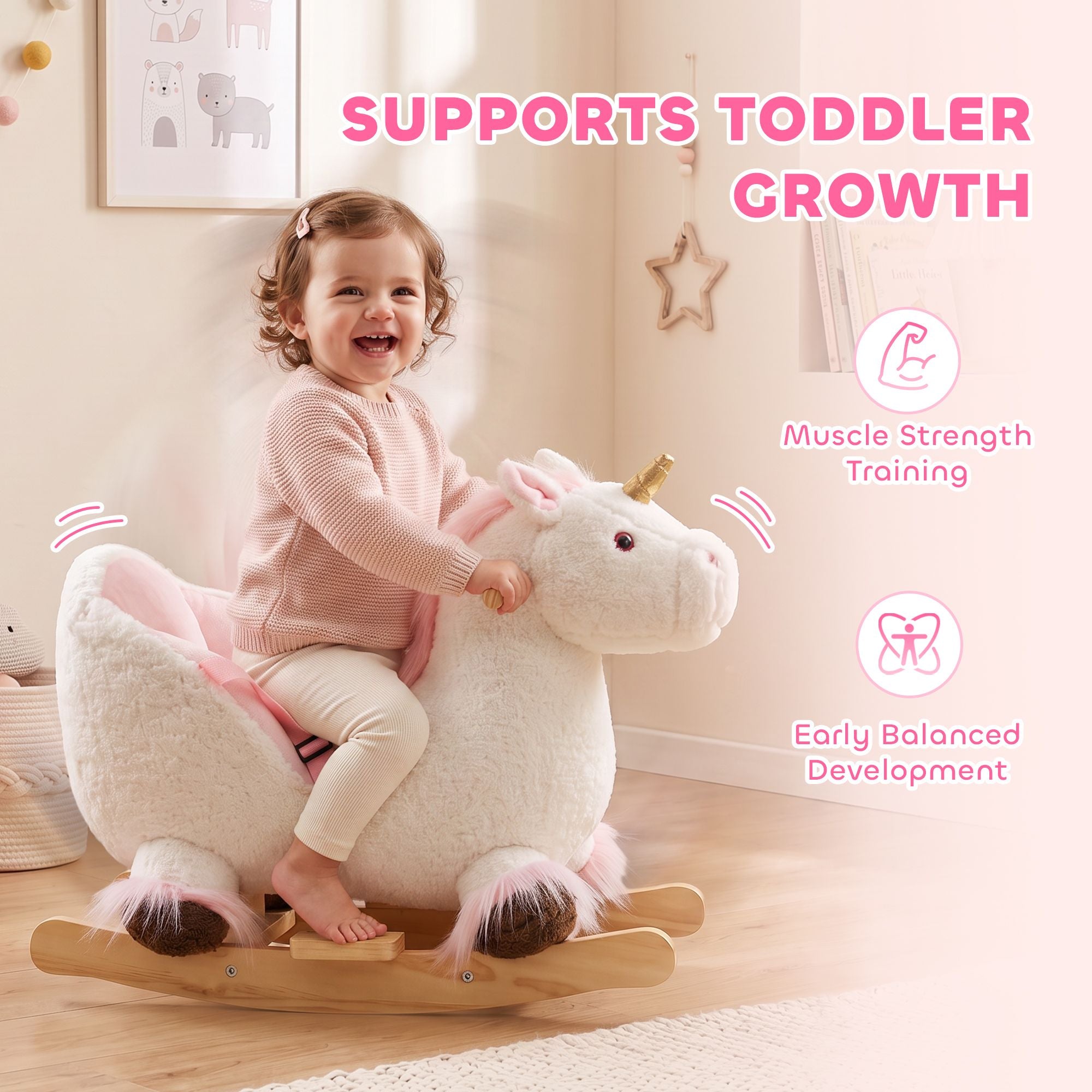 Qaba Unicorn Rocking Horse with Sound and Safety Belt, White - product view 7