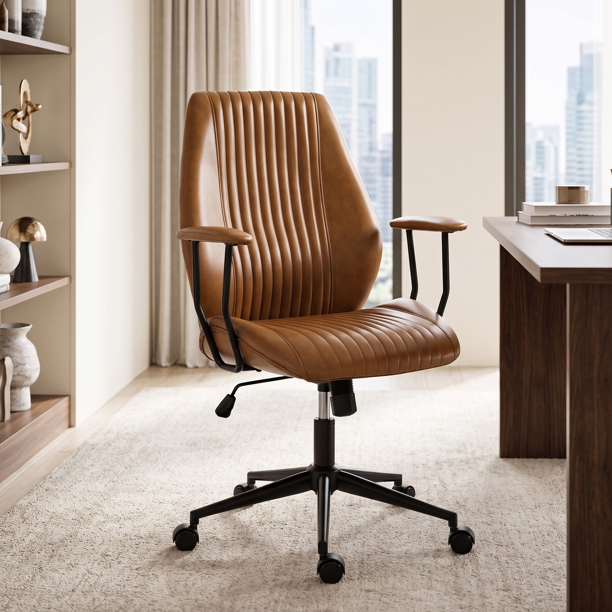 HOMCOM Vintage Faux Leather Home Office Chair with Padded Arms, Brown - product view 2