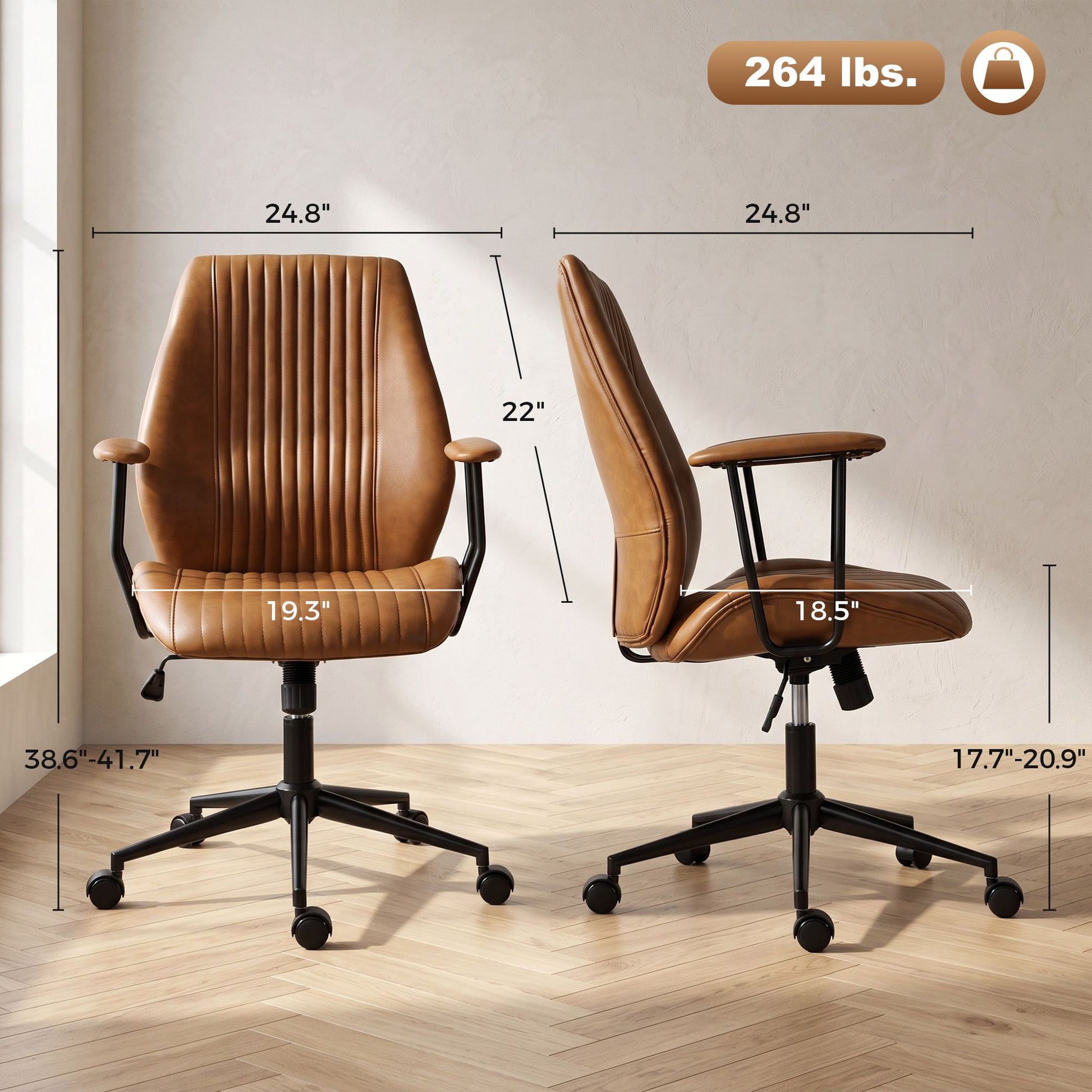 HOMCOM Vintage Faux Leather Home Office Chair with Padded Arms, Brown - product view 3