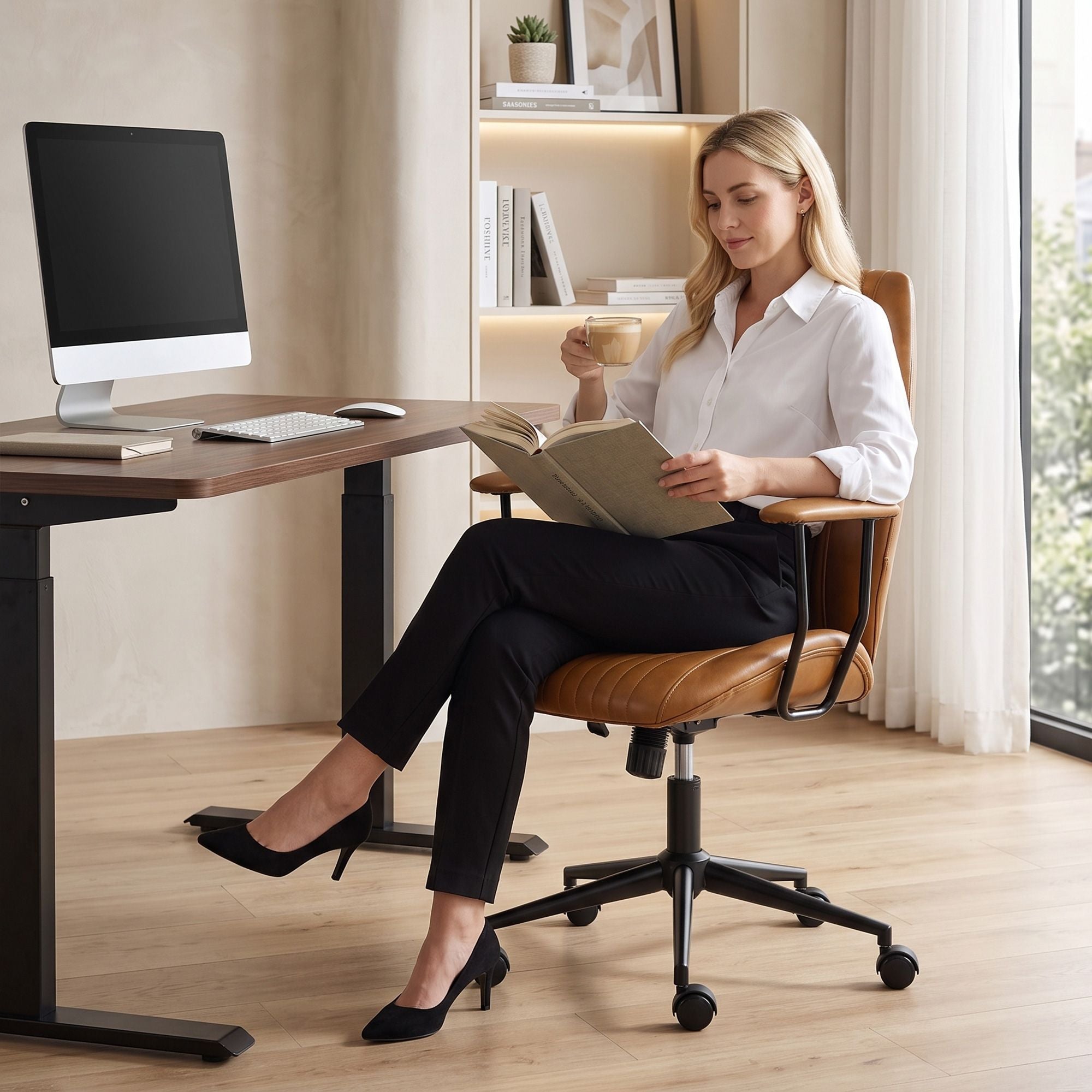 HOMCOM Vintage Faux Leather Home Office Chair with Padded Arms, Brown - product view 8
