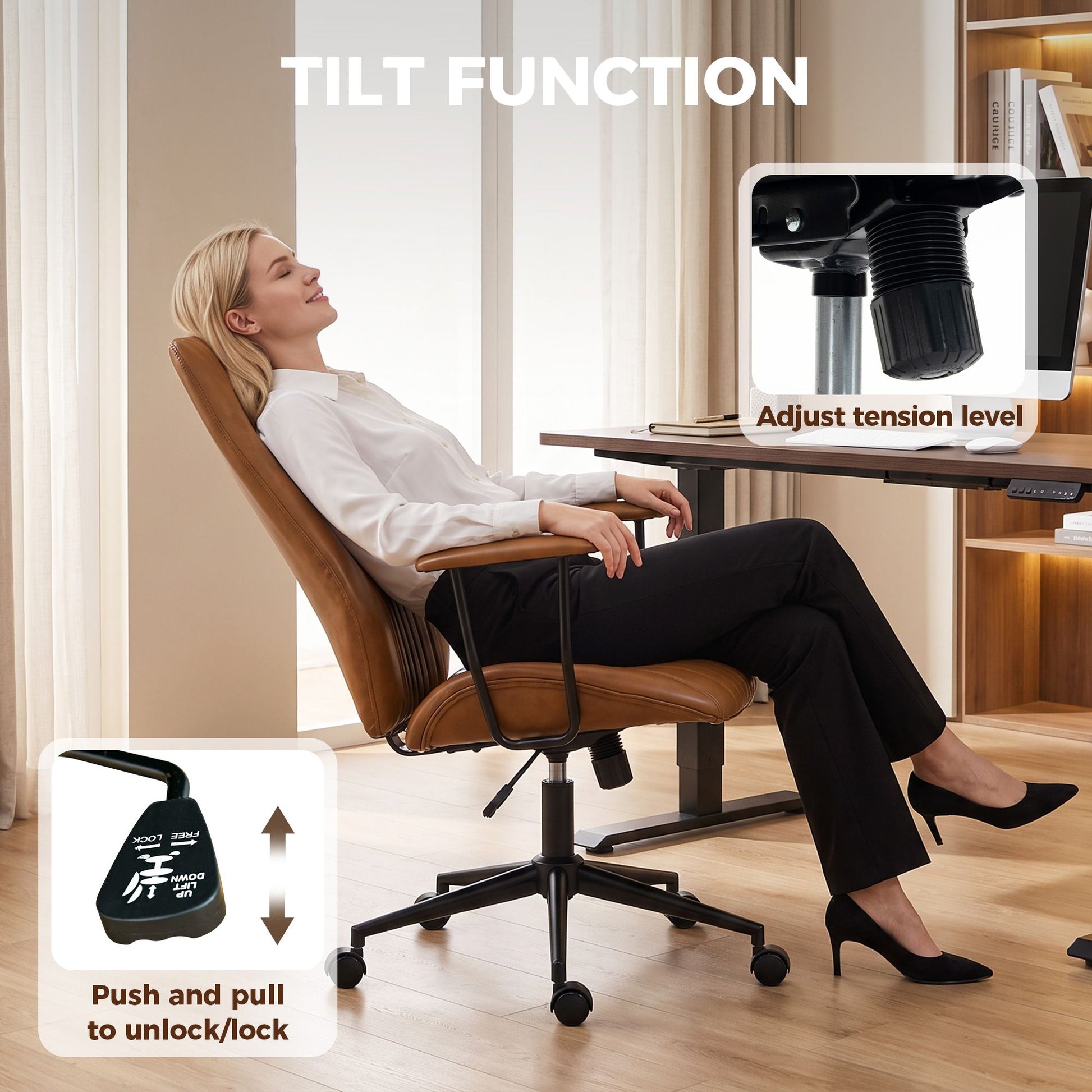 HOMCOM Vintage Faux Leather Home Office Chair with Padded Arms, Brown - product view 6