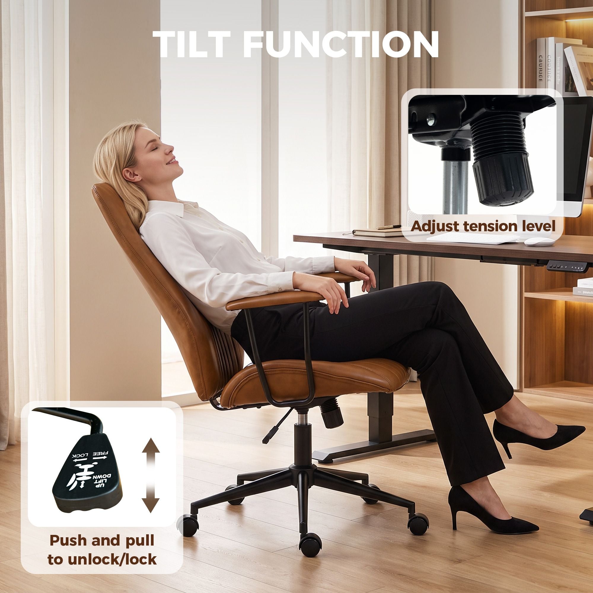 HOMCOM Vintage Faux Leather Home Office Chair with Padded Arms, Brown - product view 6