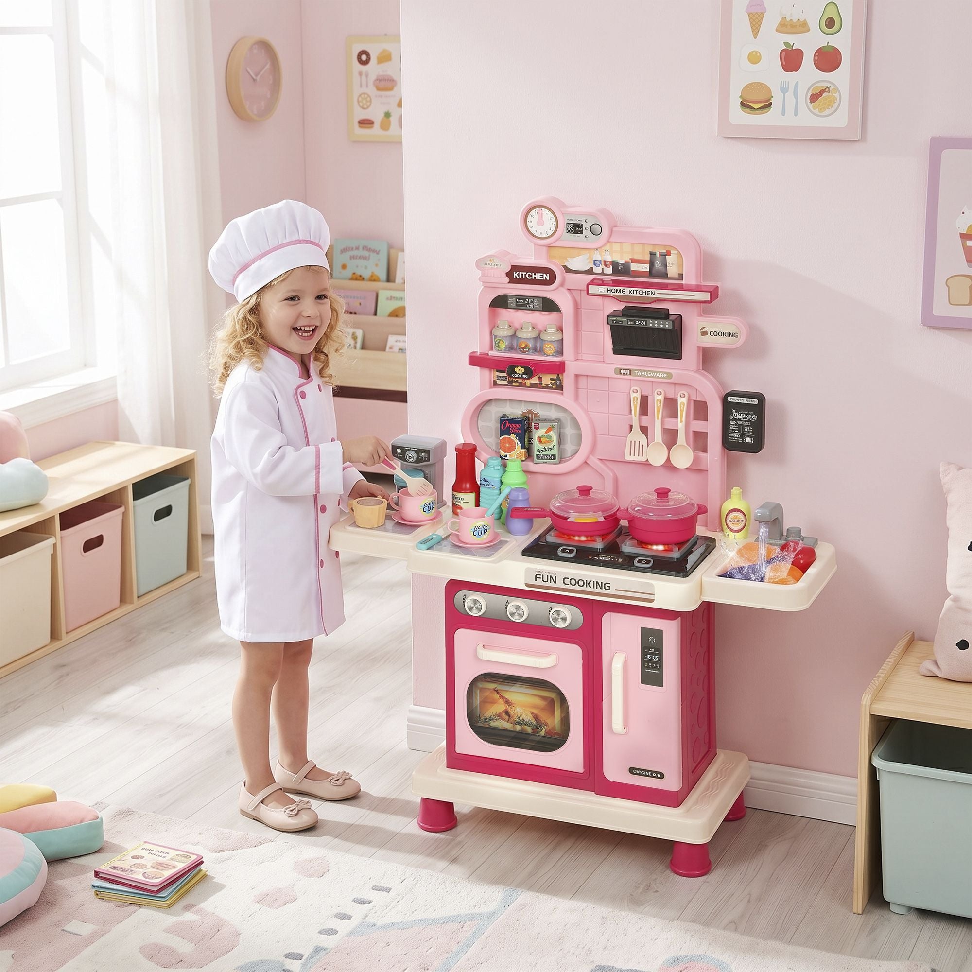 Qaba Kids Kitchen Playset with Lights, Sounds and 33 Accessories, Pink - product view 2