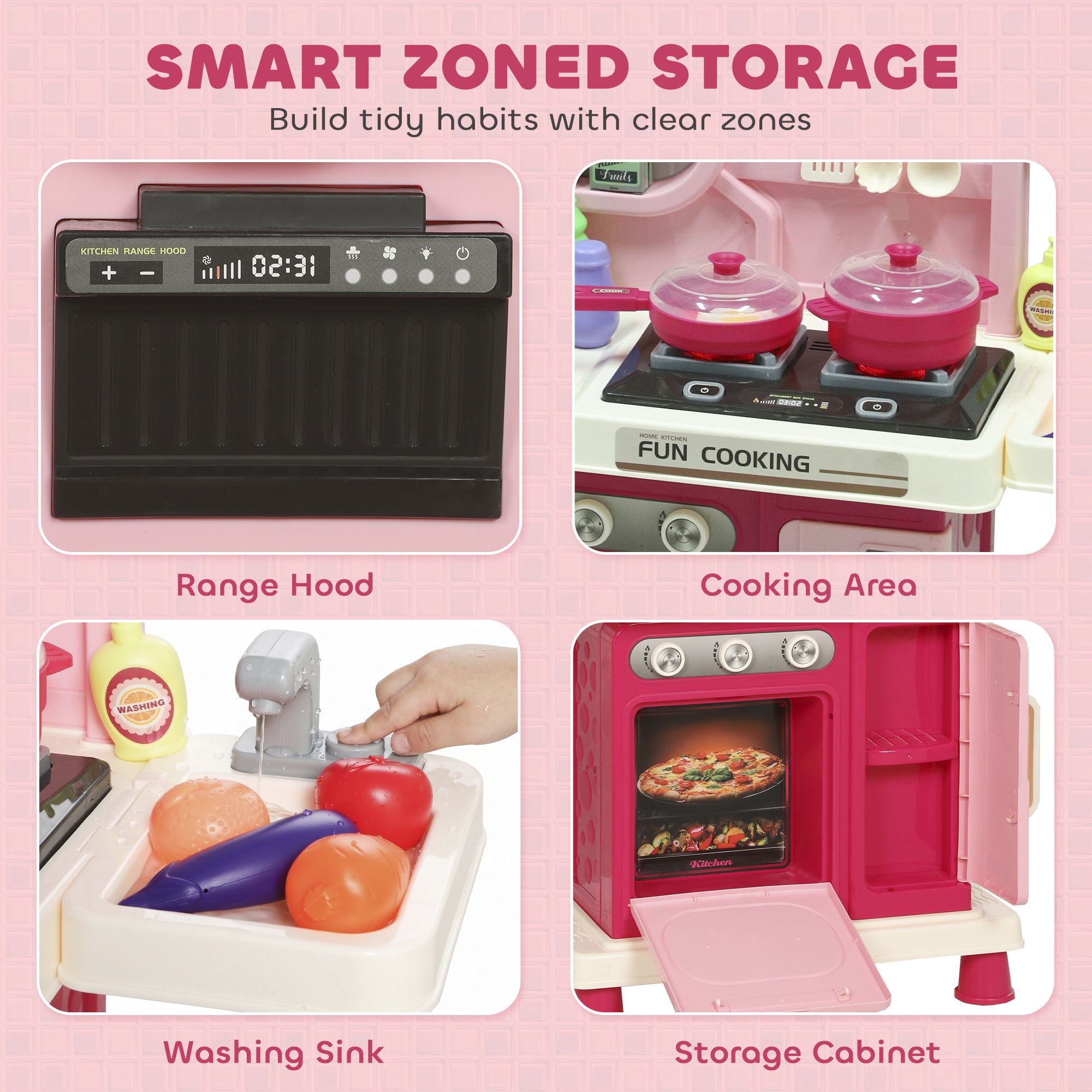 Qaba Kids Kitchen Playset with Lights, Sounds and 33 Accessories, Pink - product view 6