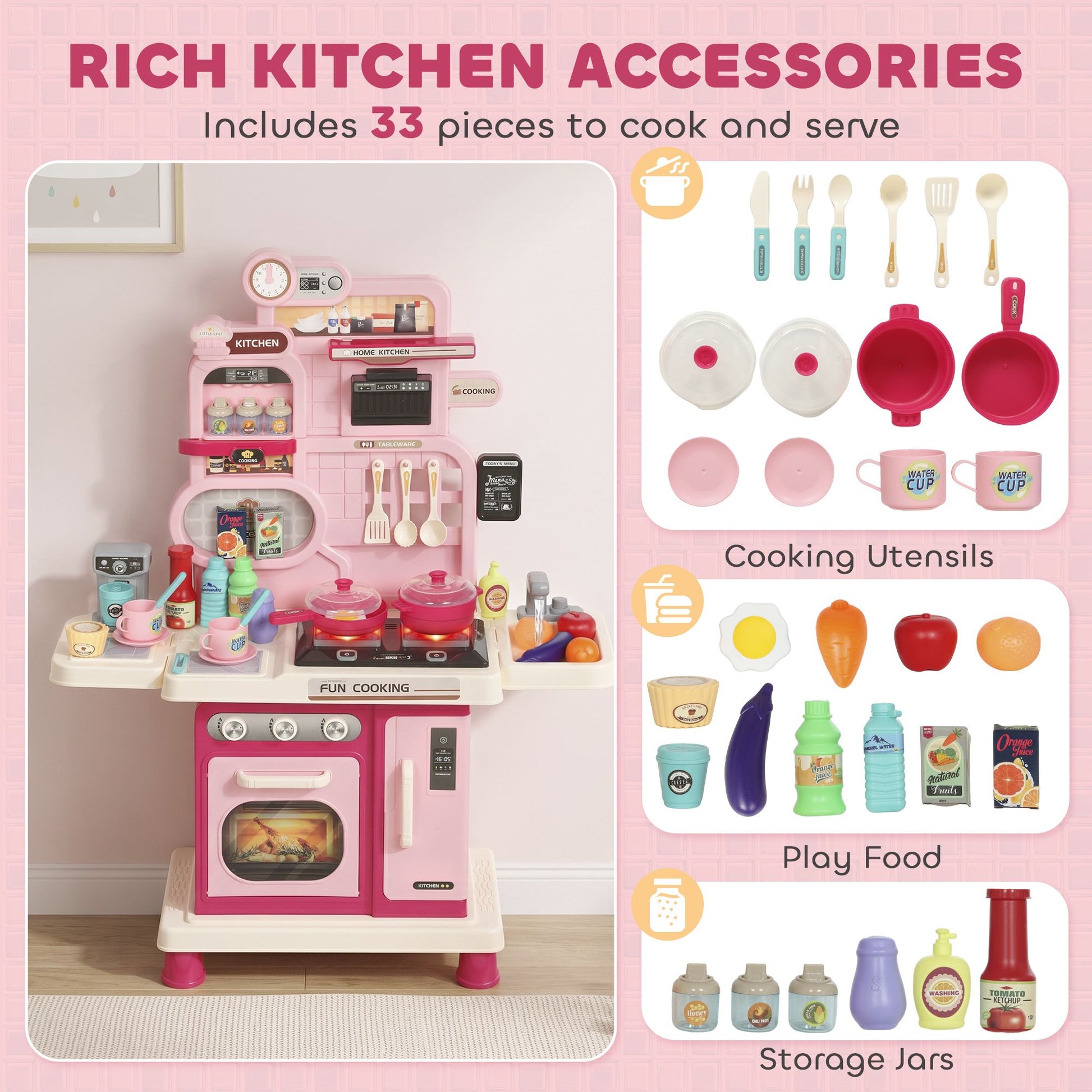 Qaba Kids Kitchen Playset with Lights, Sounds and 33 Accessories, Pink - product view 4