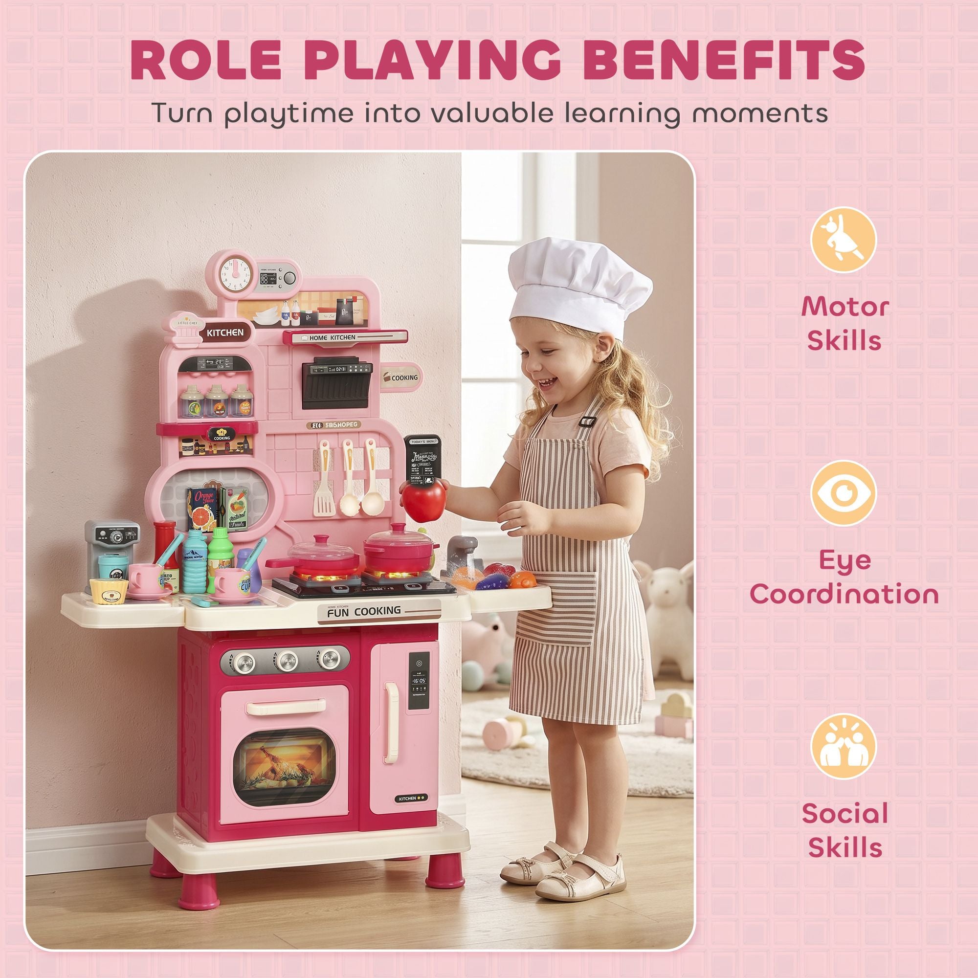 Qaba Kids Kitchen Playset with Lights, Sounds and 33 Accessories, Pink - product view 7