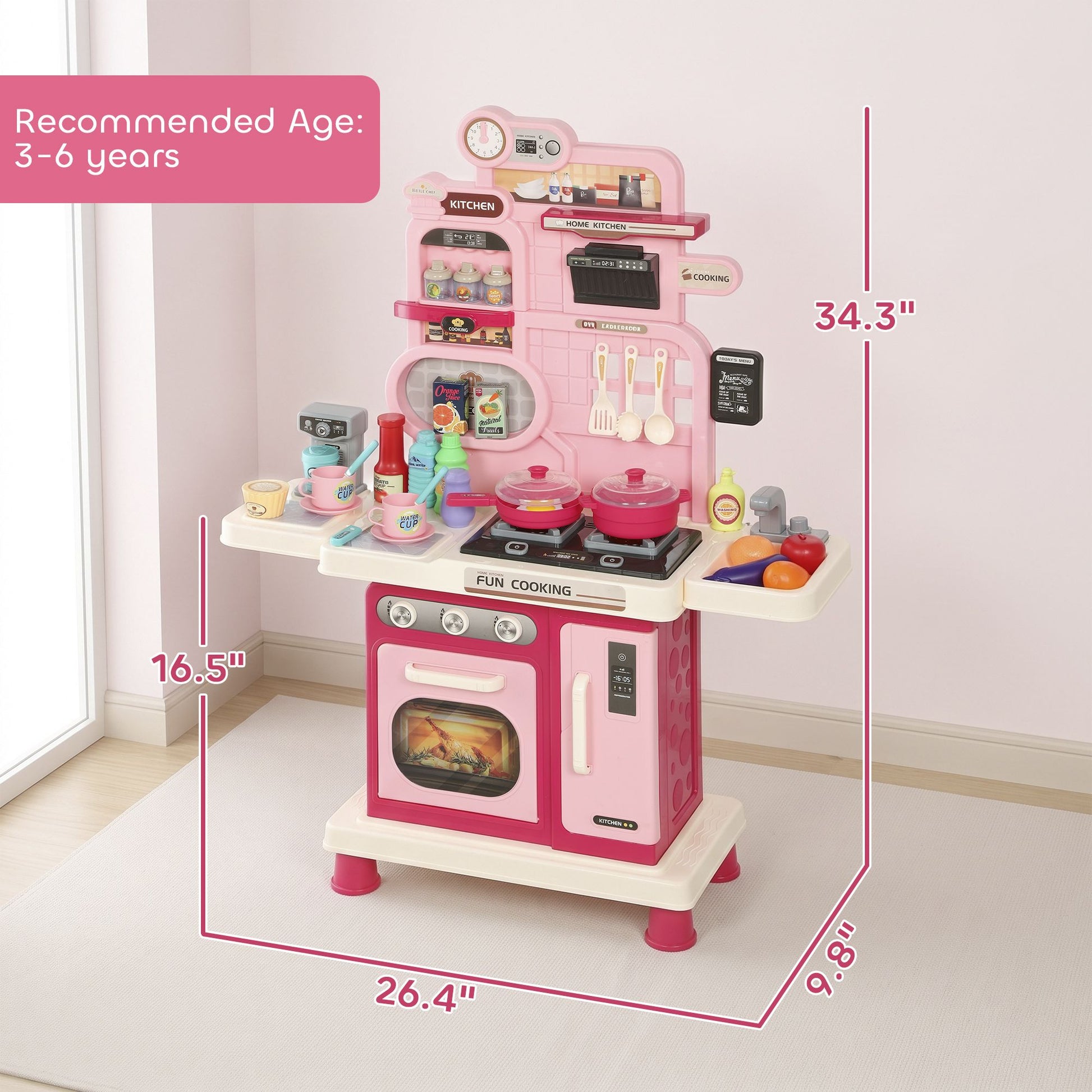Qaba Kids Kitchen Playset with Lights, Sounds and 33 Accessories, Pink - product view 3