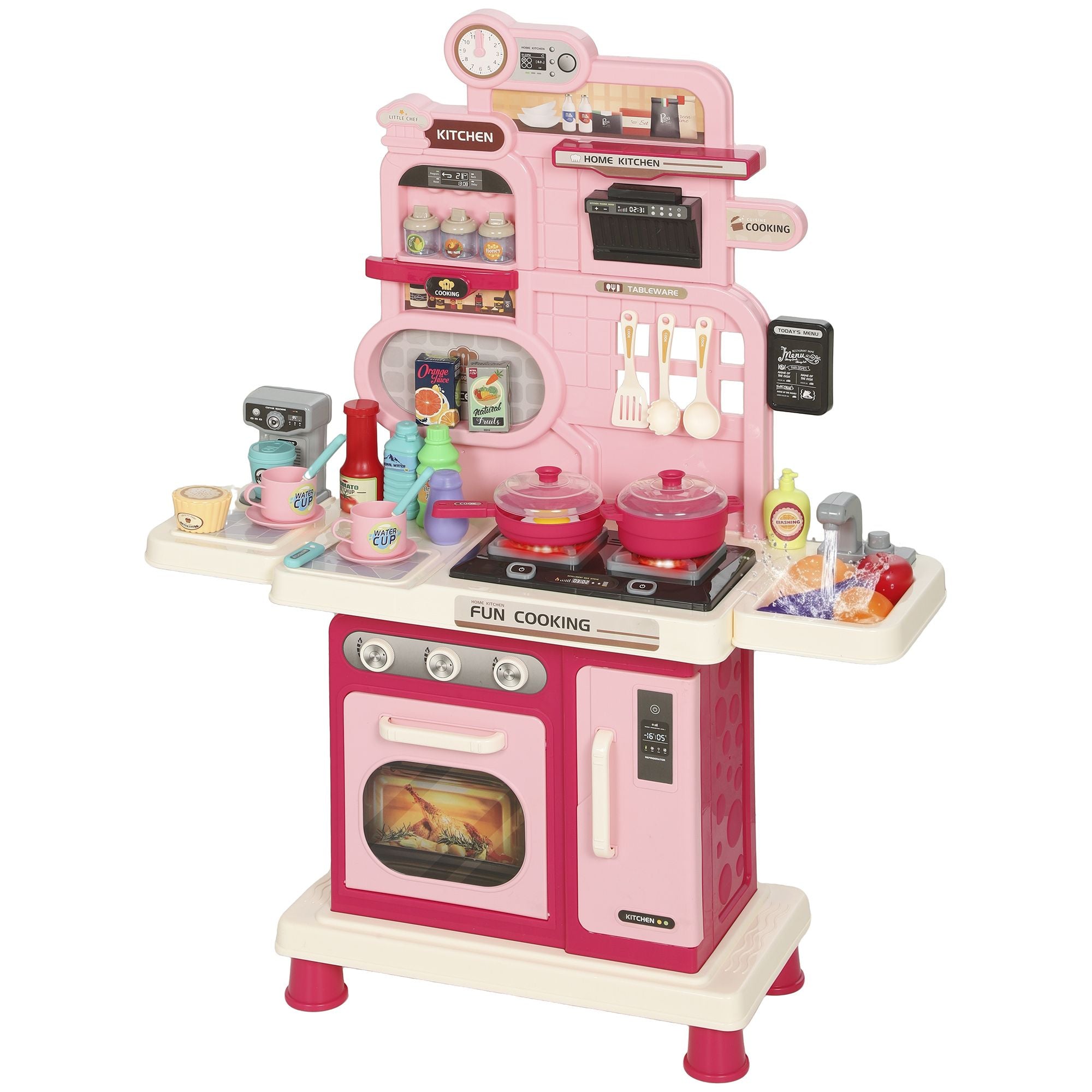Qaba Kids Kitchen Playset with Lights, Sounds and 33 Accessories, Pink - product view 1