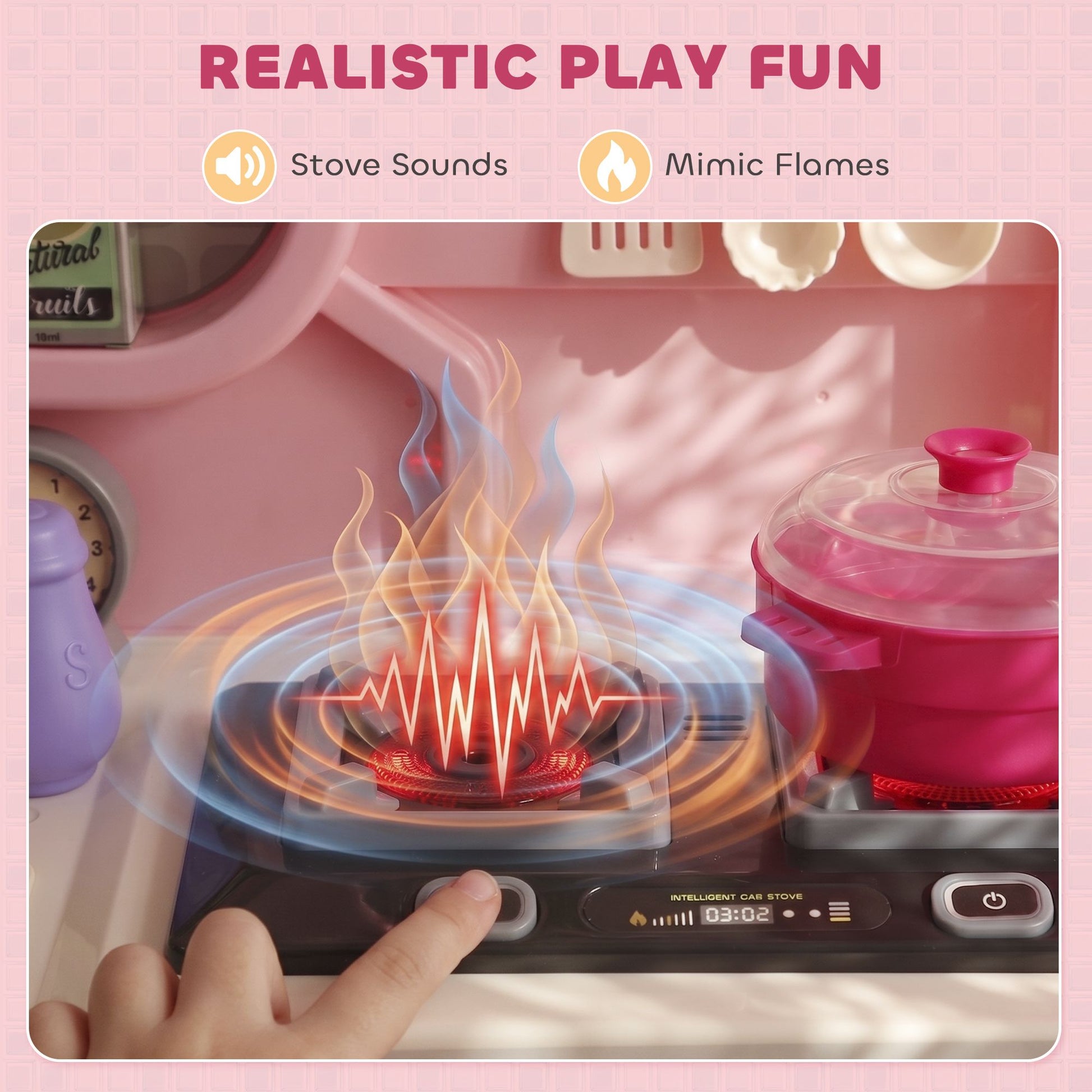 Qaba Kids Kitchen Playset with Lights, Sounds and 33 Accessories, Pink - product view 5