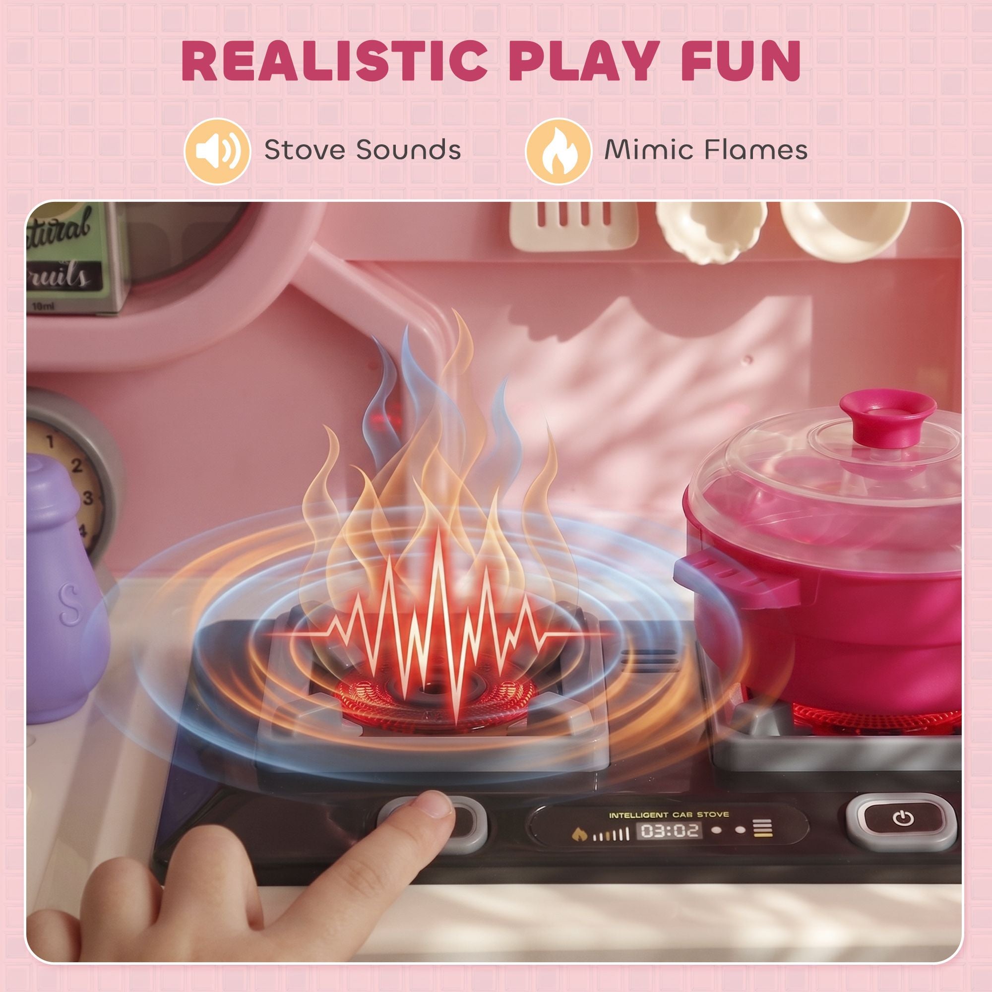 Qaba Kids Kitchen Playset with Lights, Sounds and 33 Accessories, Pink - product view 5