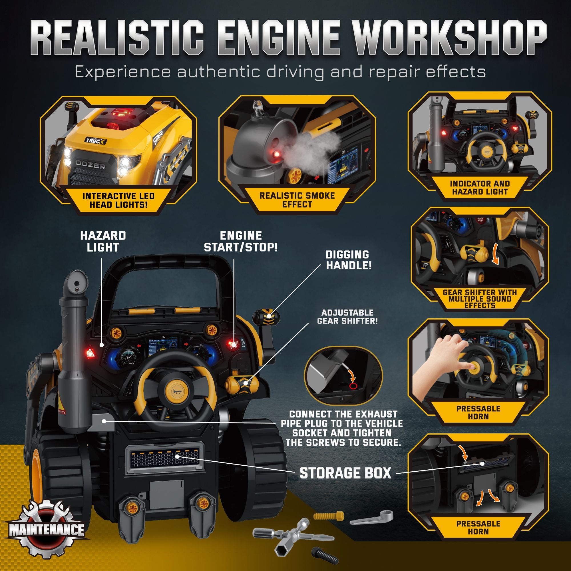 Qaba Truck Engine Mechanic Repair Toy with Lights and Sounds, Yellow - product view 5