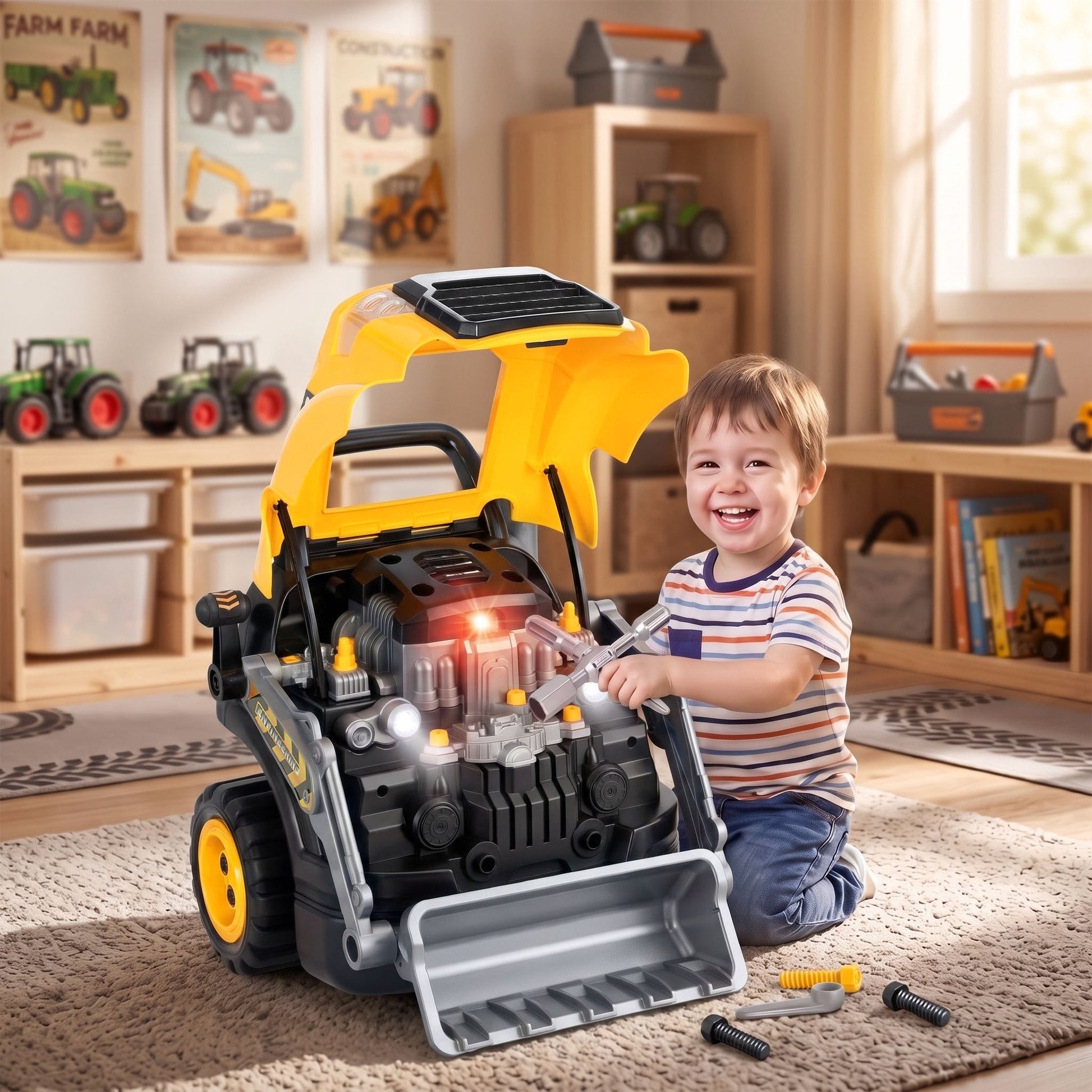 Qaba Truck Engine Mechanic Repair Toy with Lights and Sounds, Yellow - product view 2