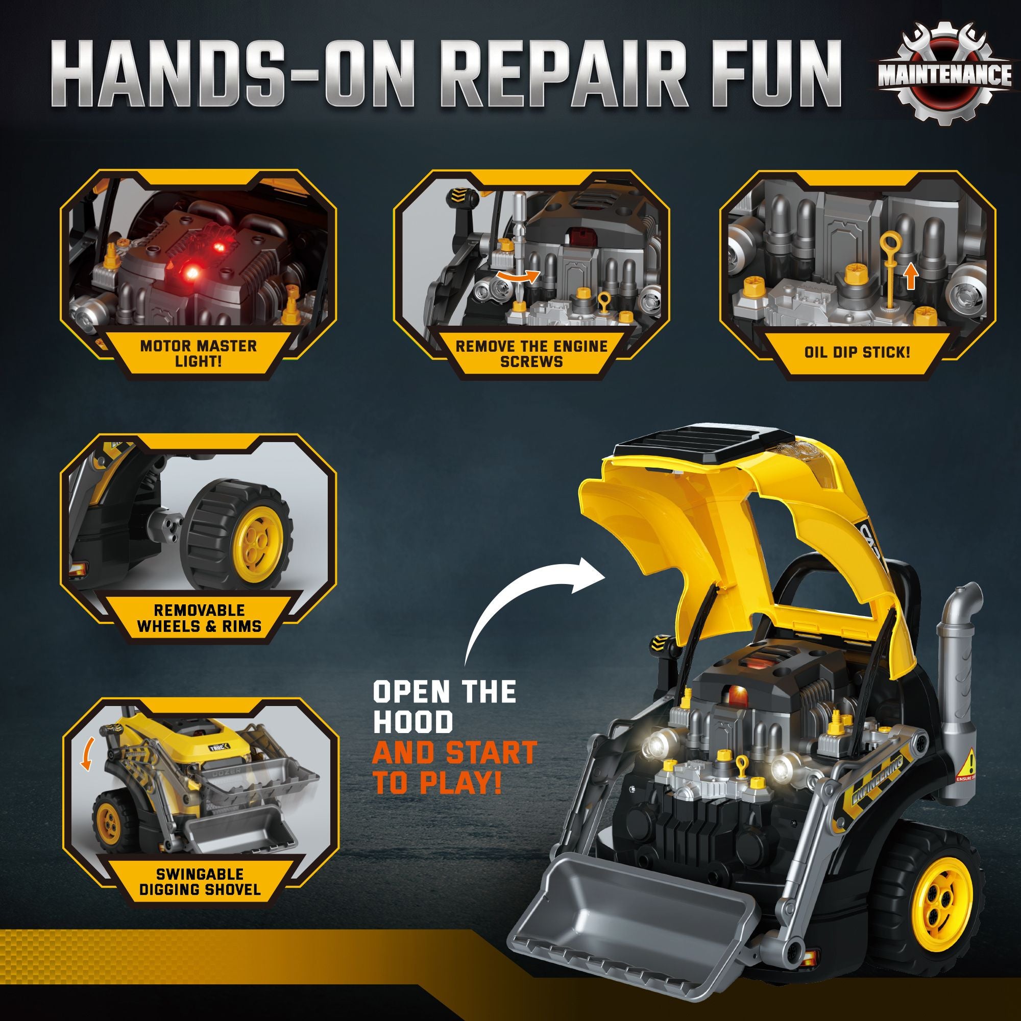 Qaba Truck Engine Mechanic Repair Toy with Lights and Sounds, Yellow - product view 4