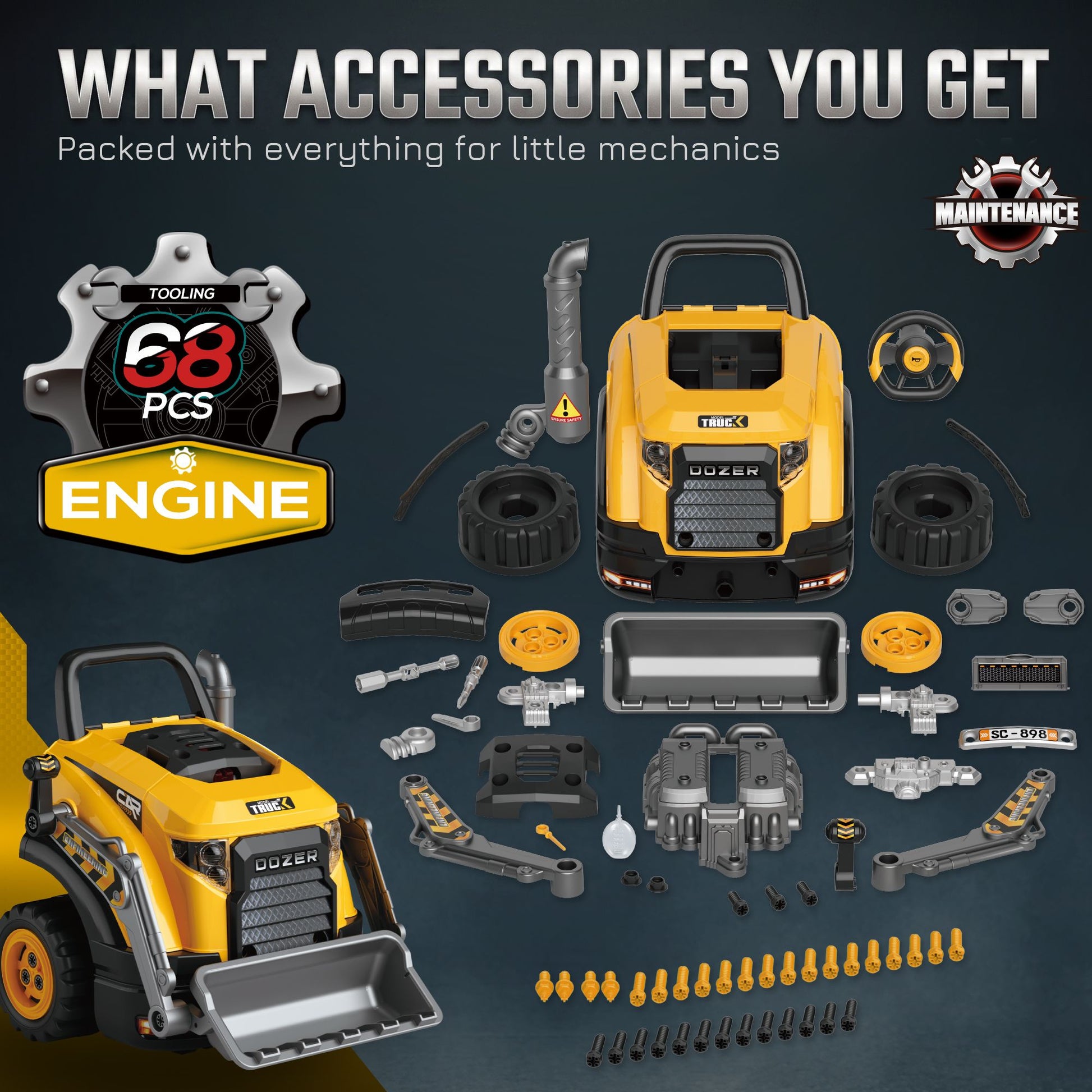 Qaba Truck Engine Mechanic Repair Toy with Lights and Sounds, Yellow - product view 6