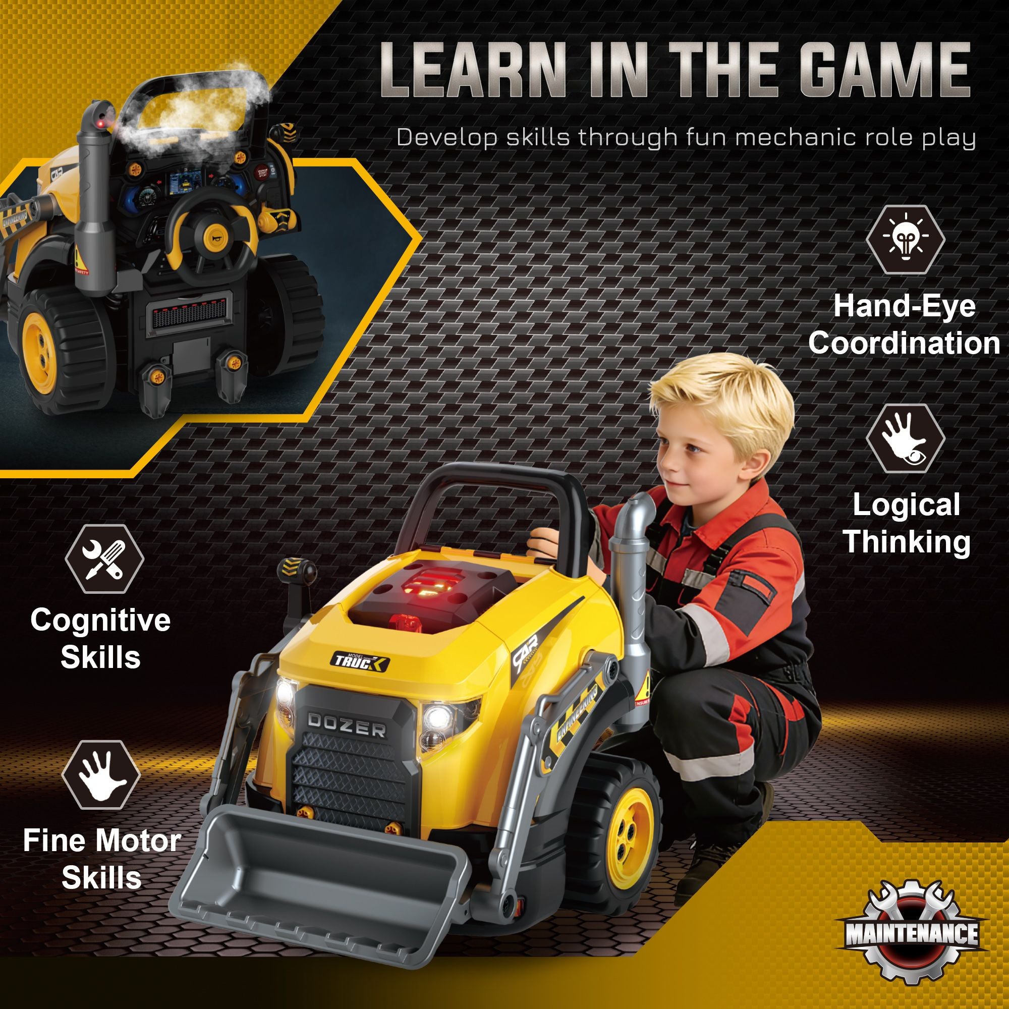 Qaba Truck Engine Mechanic Repair Toy with Lights and Sounds, Yellow - product view 7