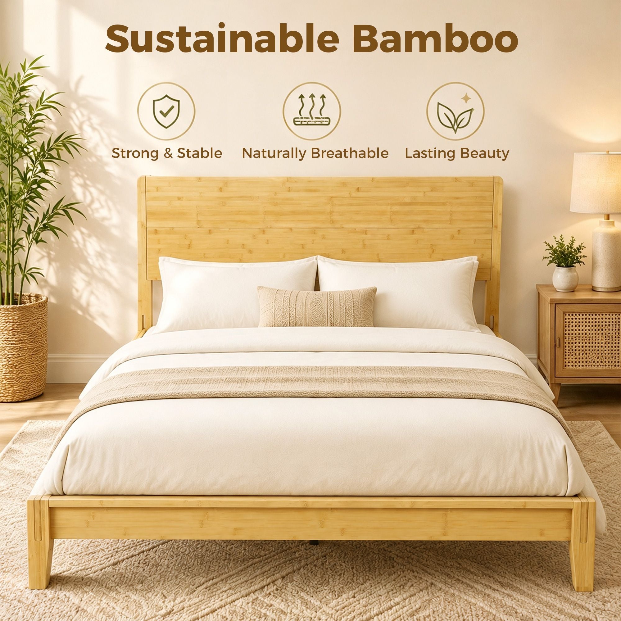 HOMCOM Queen Bamboo Platform Bed Frame with Headboard, Natural - product view 4