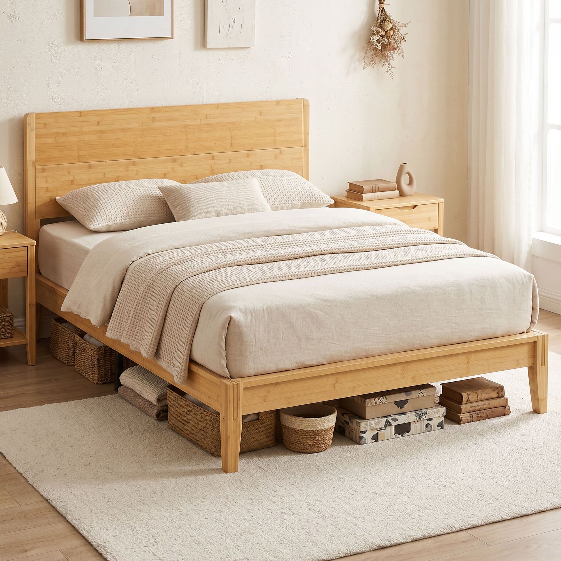 HOMCOM Queen Bamboo Platform Bed Frame with Headboard, Natural - product view 8