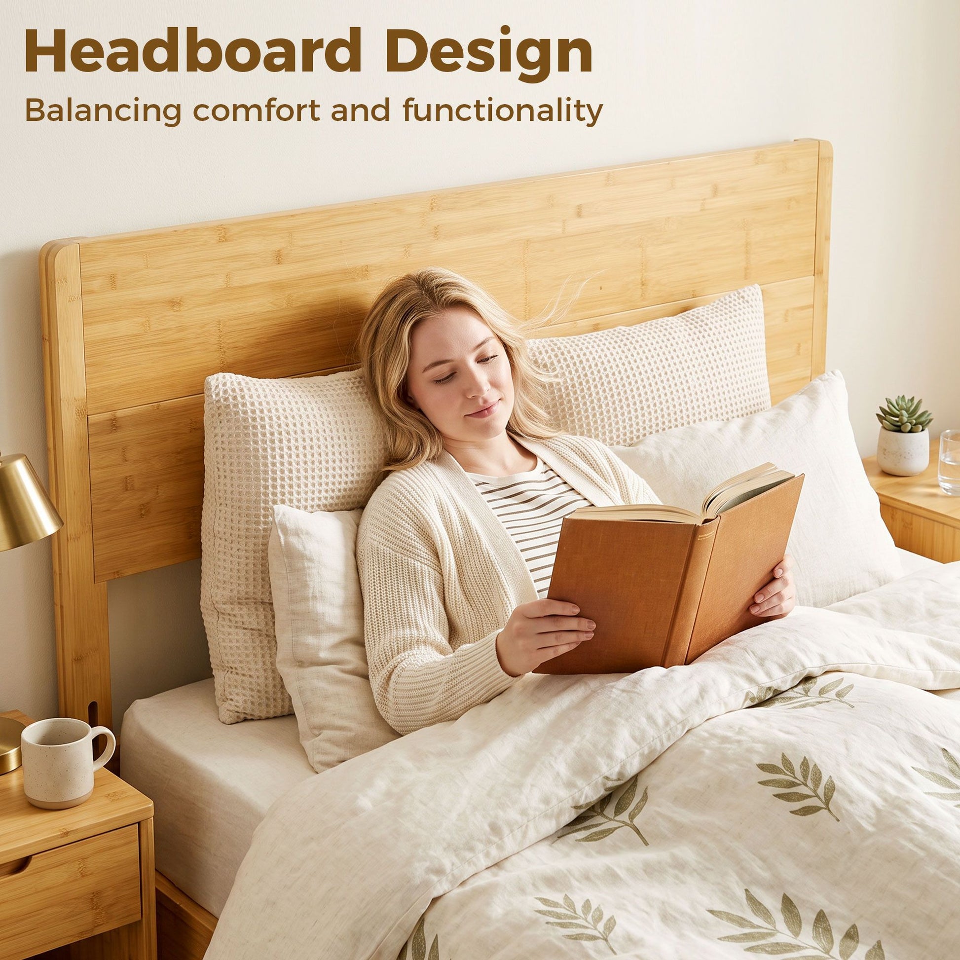 HOMCOM Queen Bamboo Platform Bed Frame with Headboard, Natural - product view 6