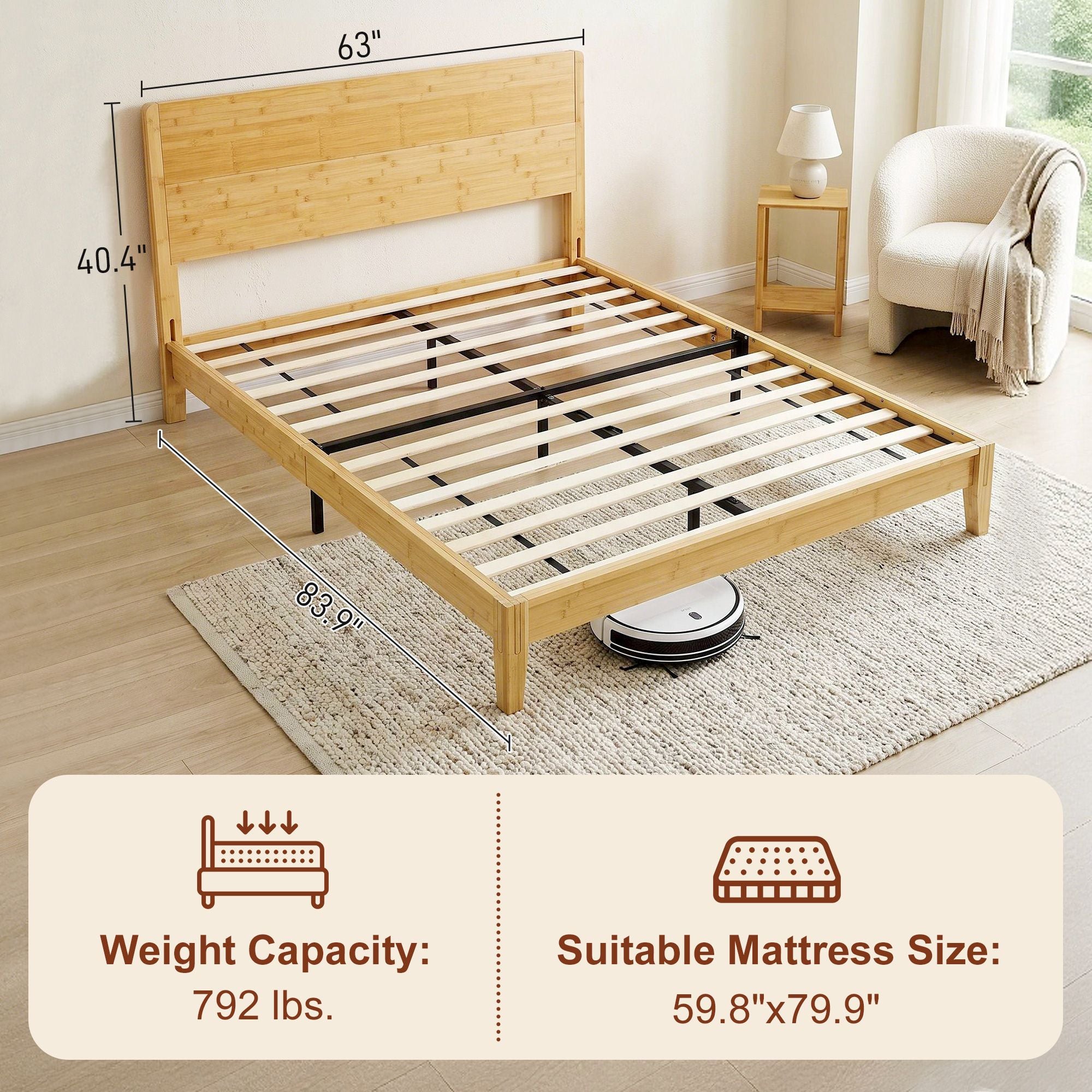 HOMCOM Queen Bamboo Platform Bed Frame with Headboard, Natural - product view 3