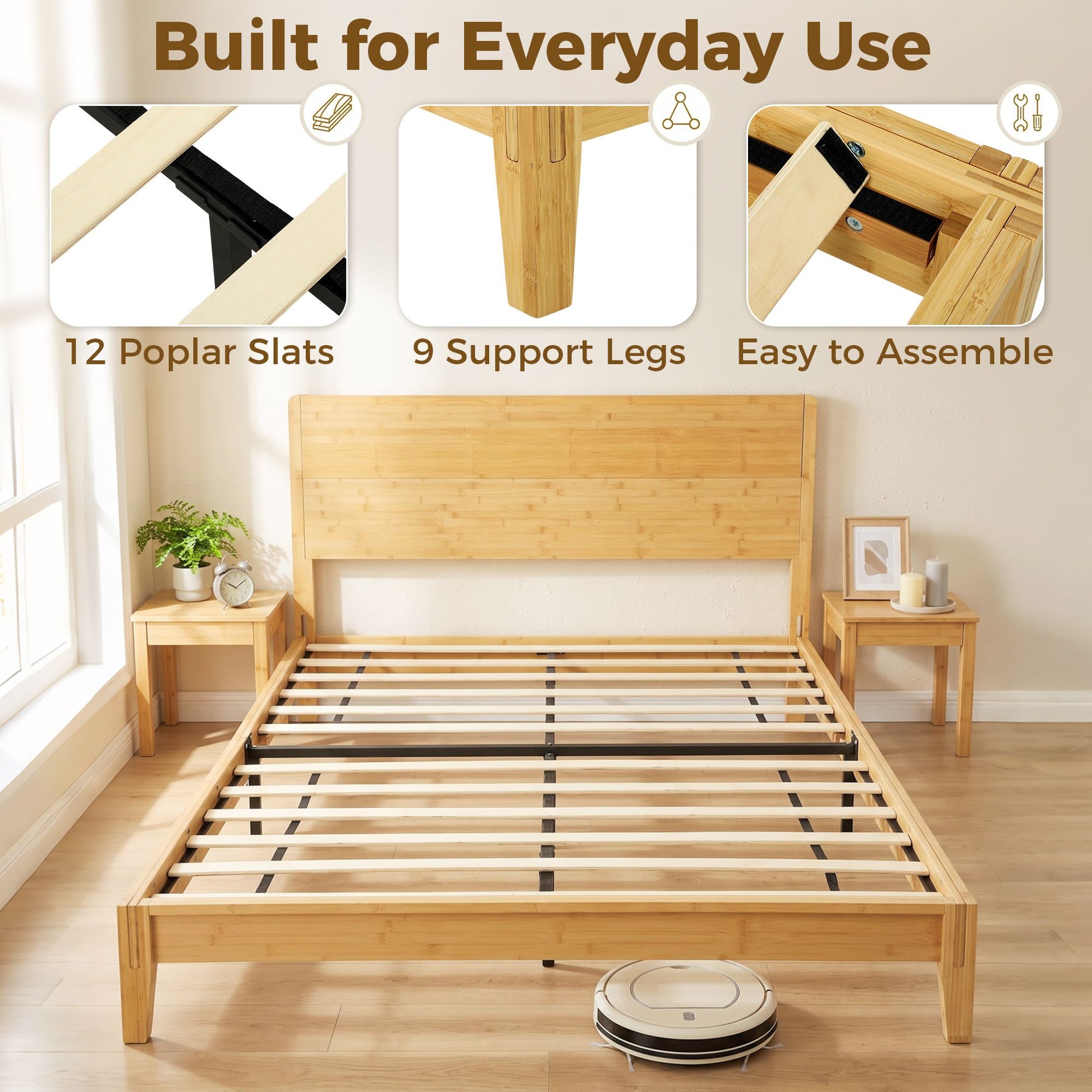 HOMCOM Queen Bamboo Platform Bed Frame with Headboard, Natural - product view 5