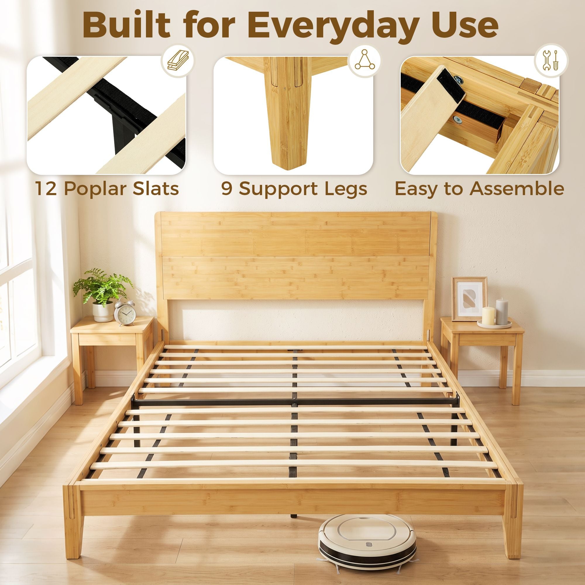 HOMCOM Queen Bamboo Platform Bed Frame with Headboard, Natural - product view 5
