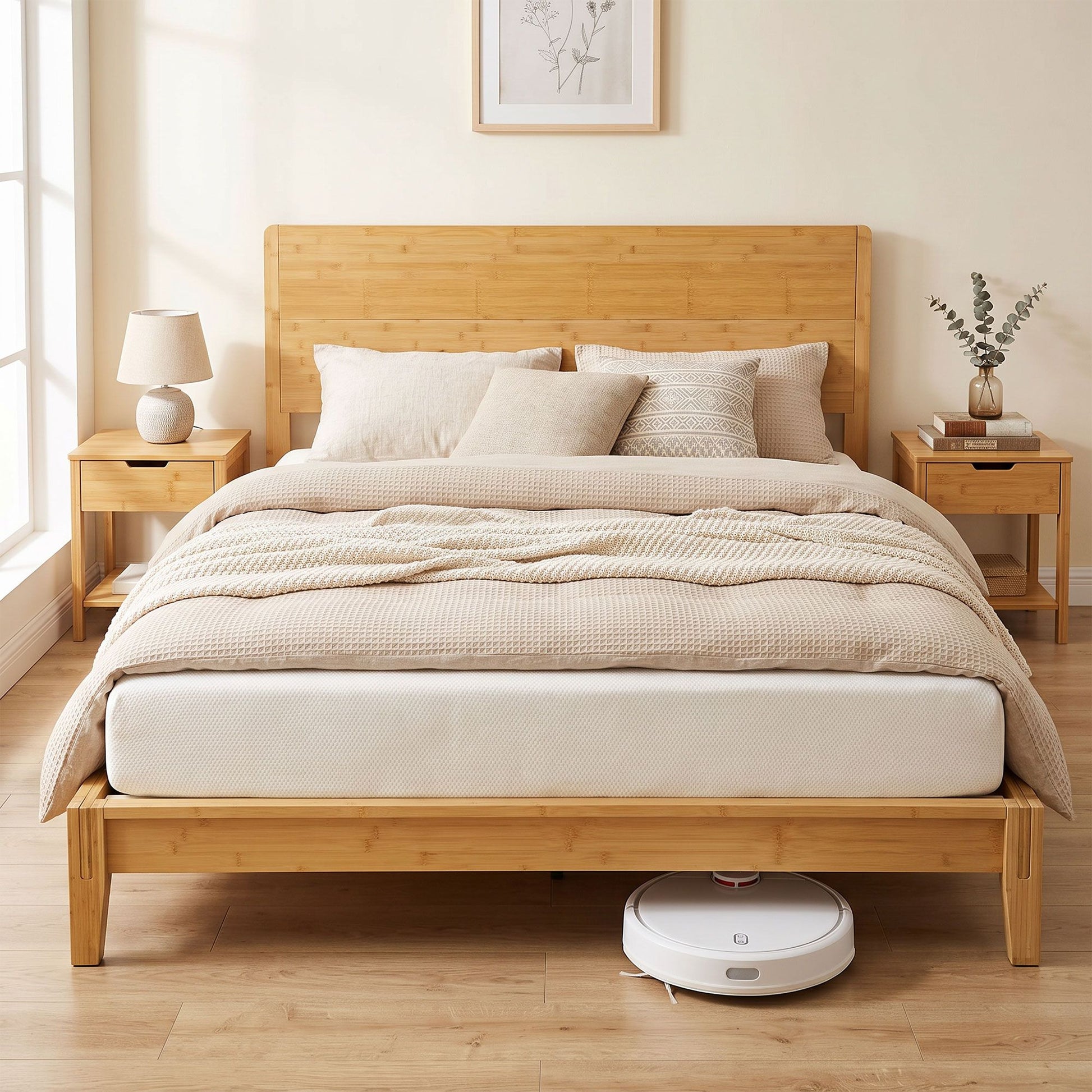 HOMCOM Queen Bamboo Platform Bed Frame with Headboard, Natural - product view 2