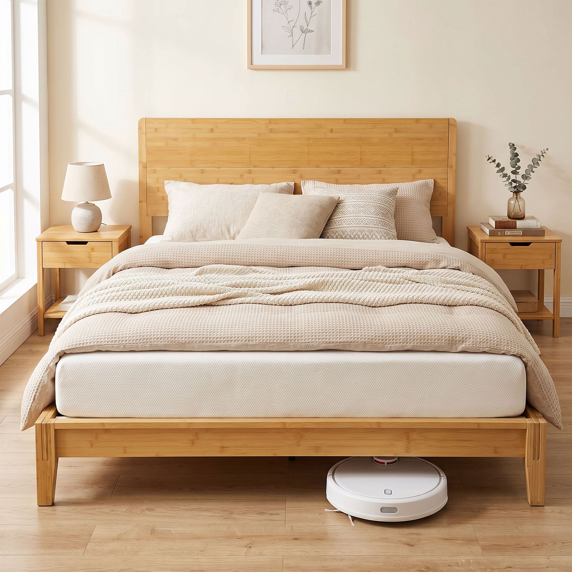 HOMCOM Queen Bamboo Platform Bed Frame with Headboard, Natural - product view 2