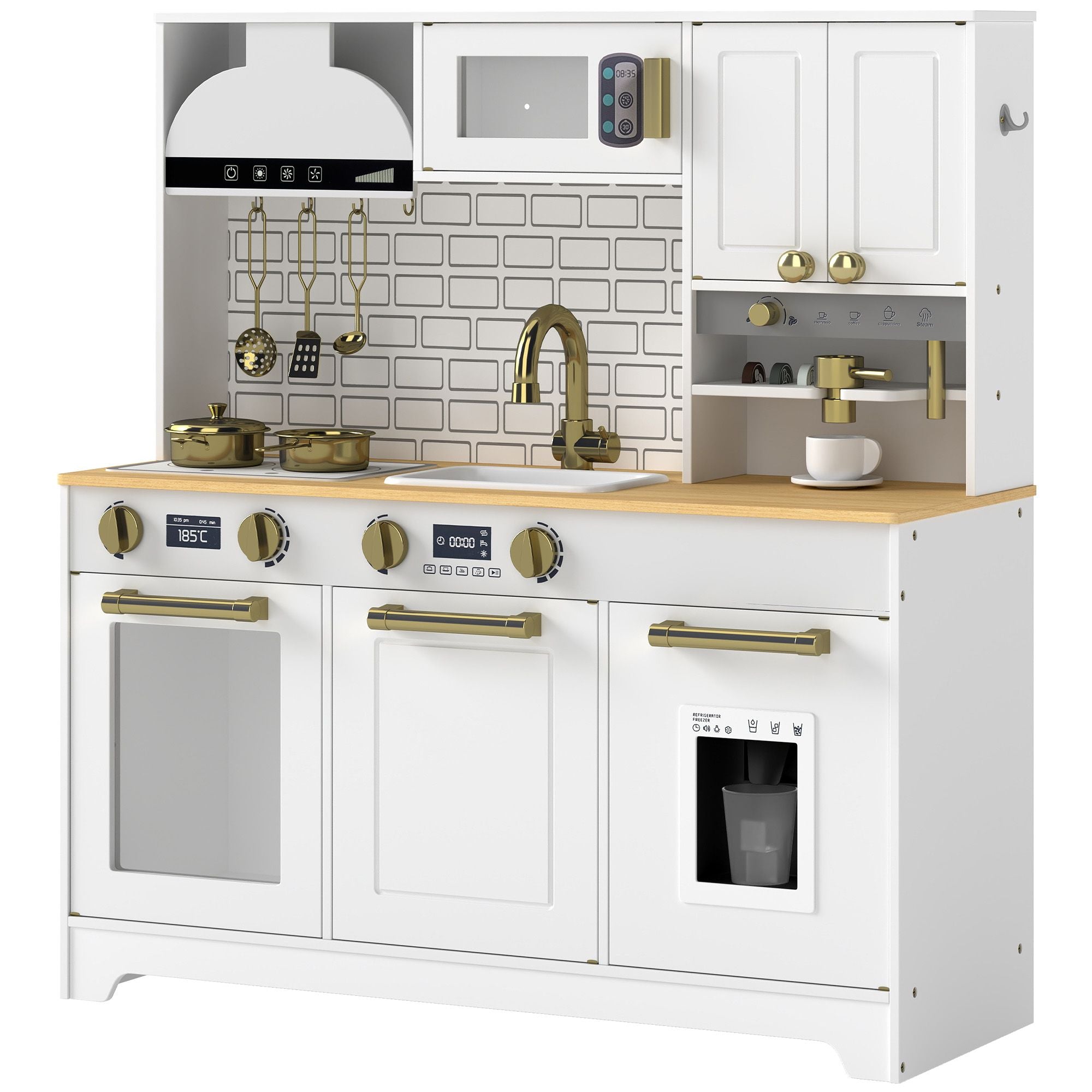 Qaba Kids Play Kitchen with Coffee Maker, Ice Maker and Storage, White - product view 1