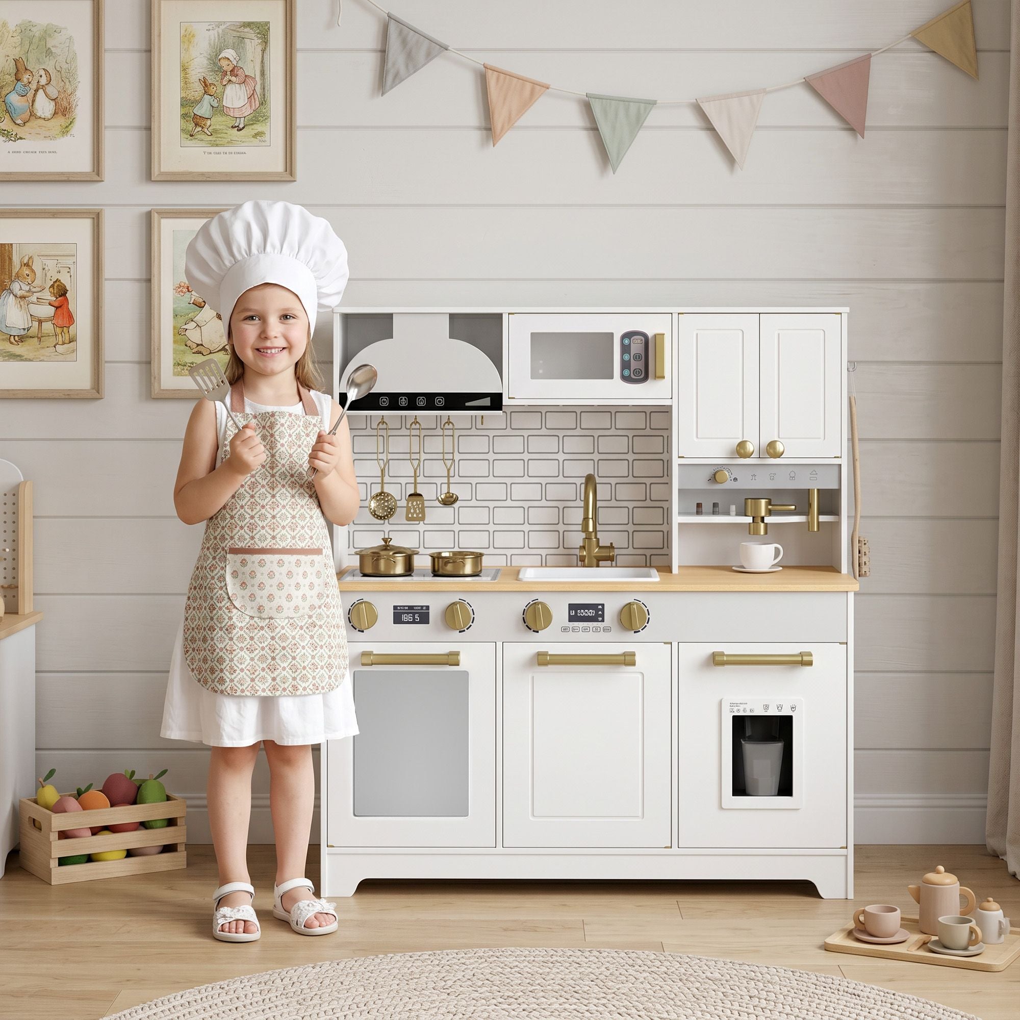 Qaba Kids Play Kitchen with Coffee Maker, Ice Maker and Storage, White - product view 8