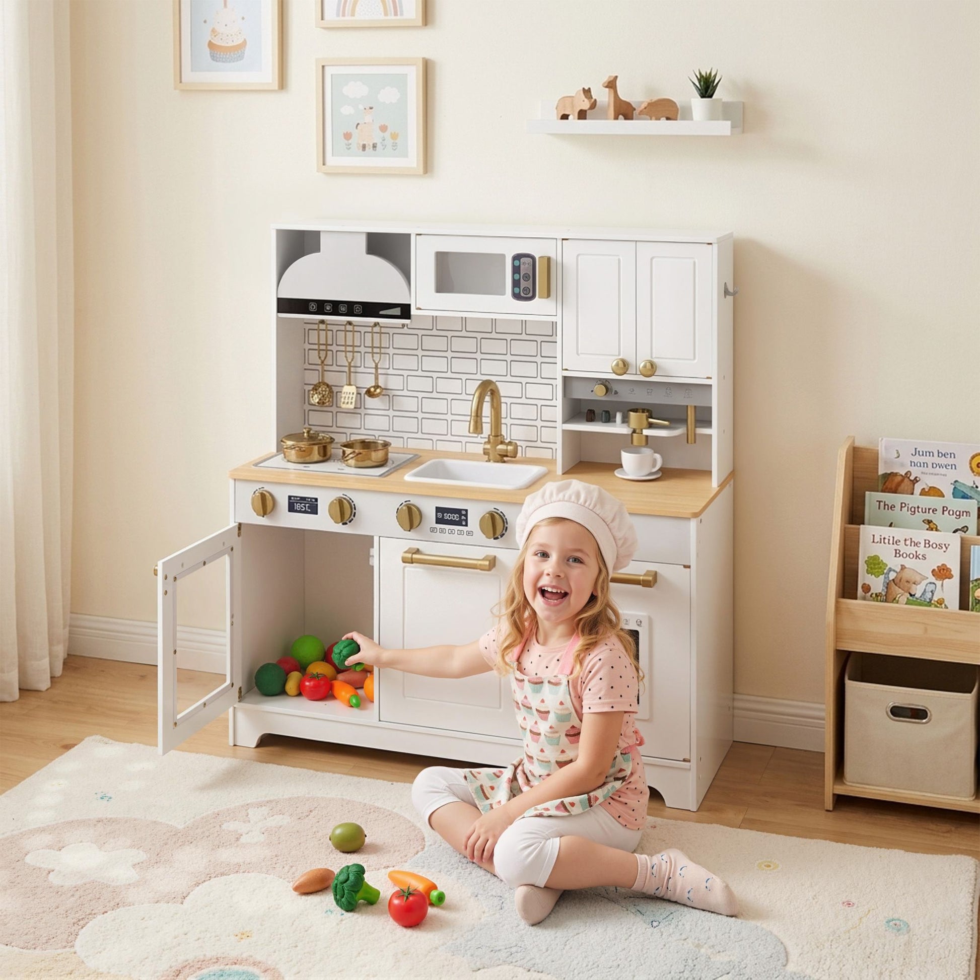Qaba Kids Play Kitchen with Coffee Maker, Ice Maker and Storage, White - product view 2