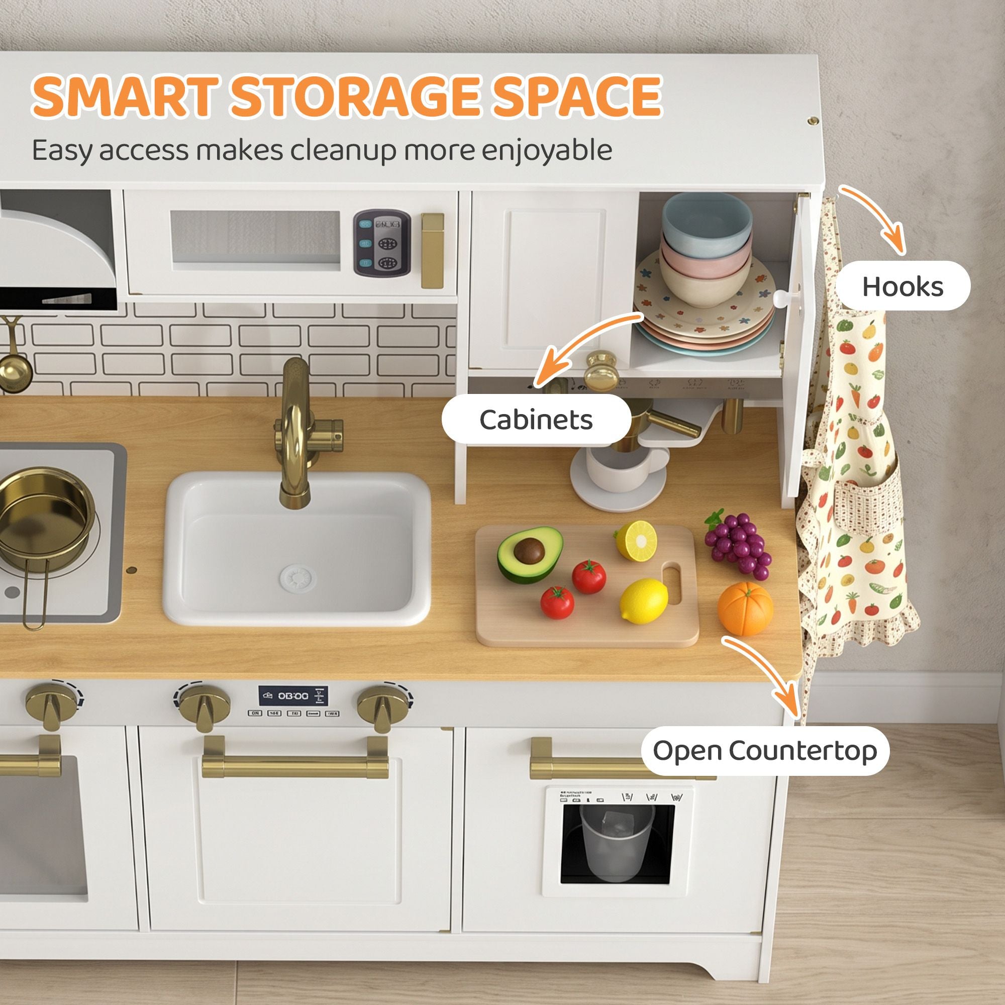 Qaba Kids Play Kitchen with Coffee Maker, Ice Maker and Storage, White - product view 6