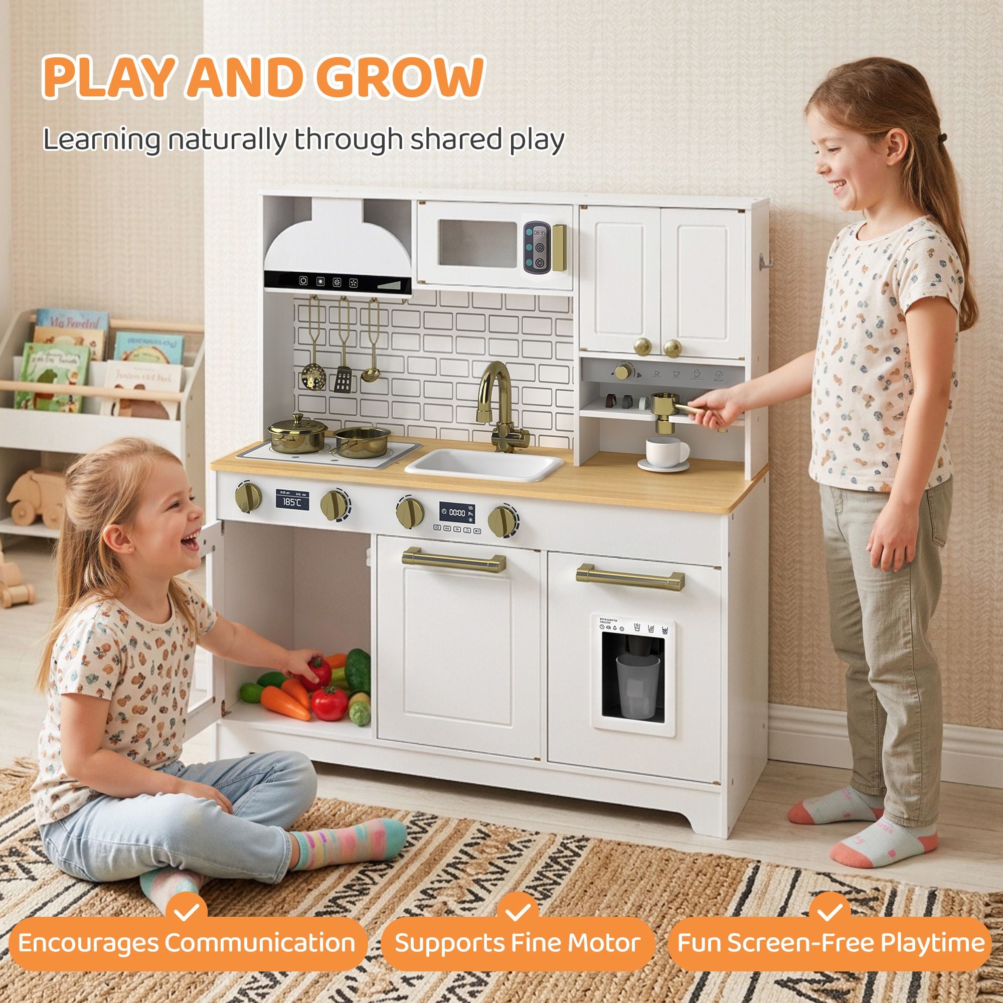 Qaba Kids Play Kitchen with Coffee Maker, Ice Maker and Storage, White - product view 7